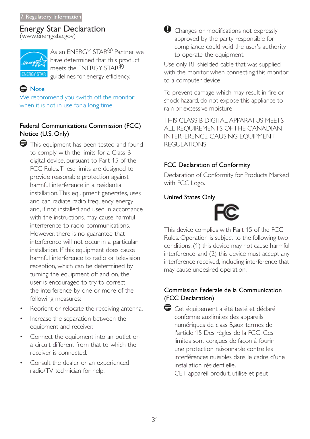 Philips 273P3L Declaration of Conformity for Products Marked with FCC Logo, CET appareil produit, utilise et peut 