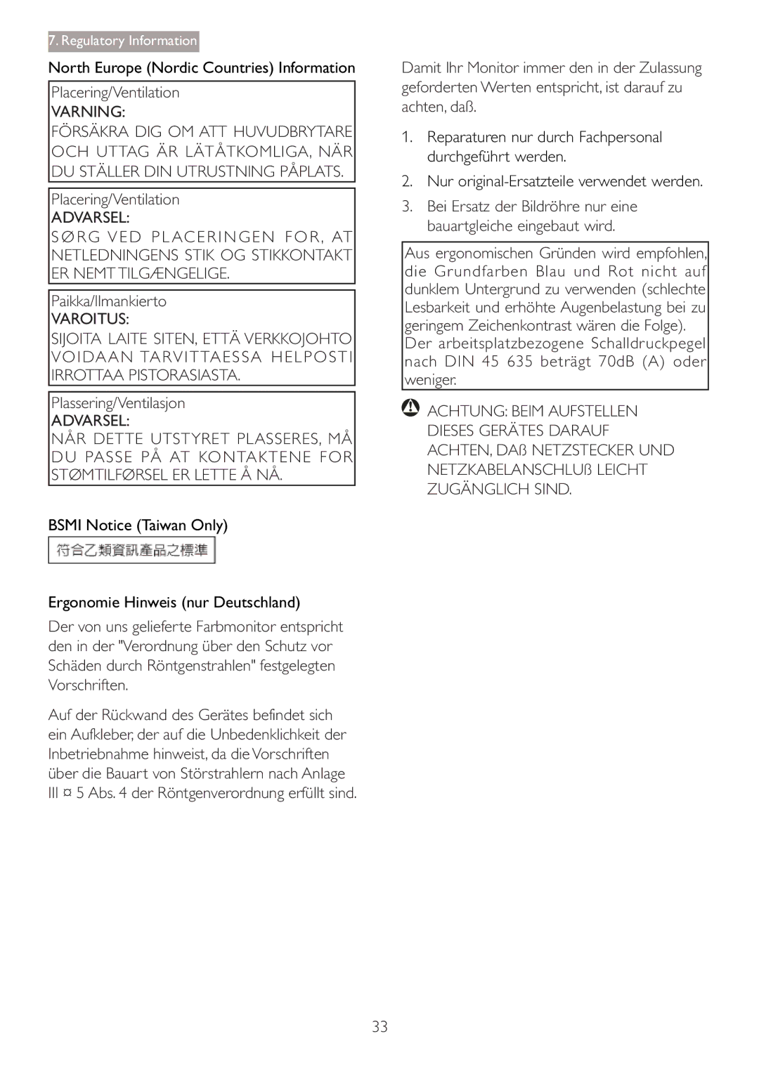 Philips 273P3L user manual Placering/Ventilation, Paikka/Ilmankierto, Plassering/Ventilasjon 