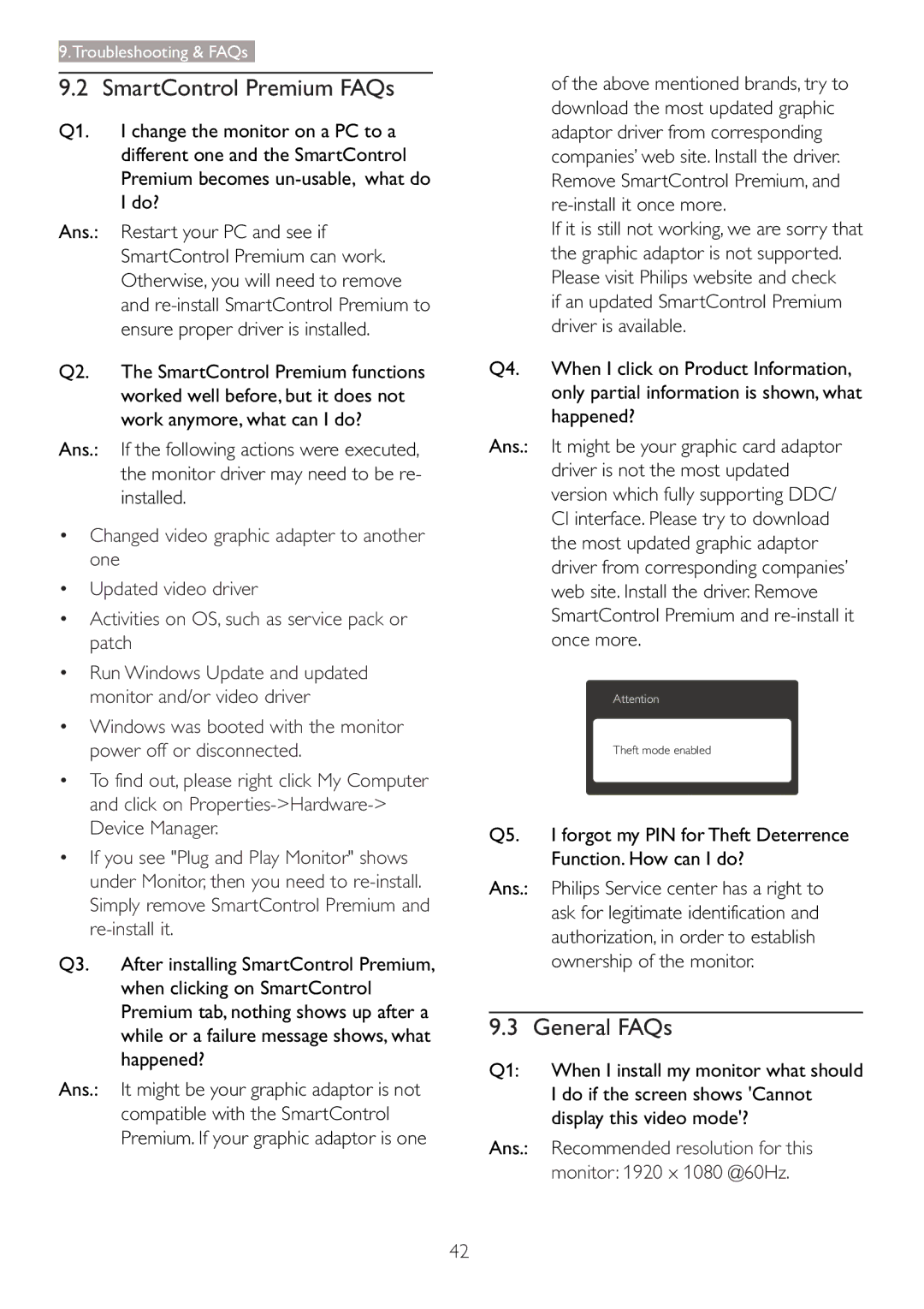 Philips 273P3L user manual SmartControl Premium FAQs, General FAQs, Do if the screen shows Cannot, Display this video mode? 