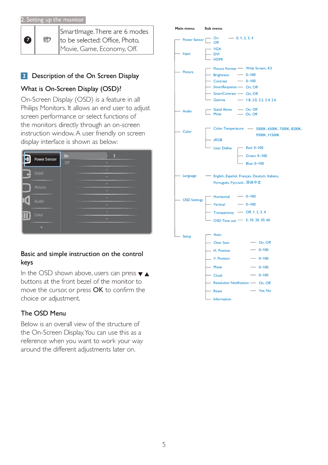 Philips 273P3L user manual SmartImage.There are 6 modes, Basic and simple instruction on the control keys, OSD Menu 