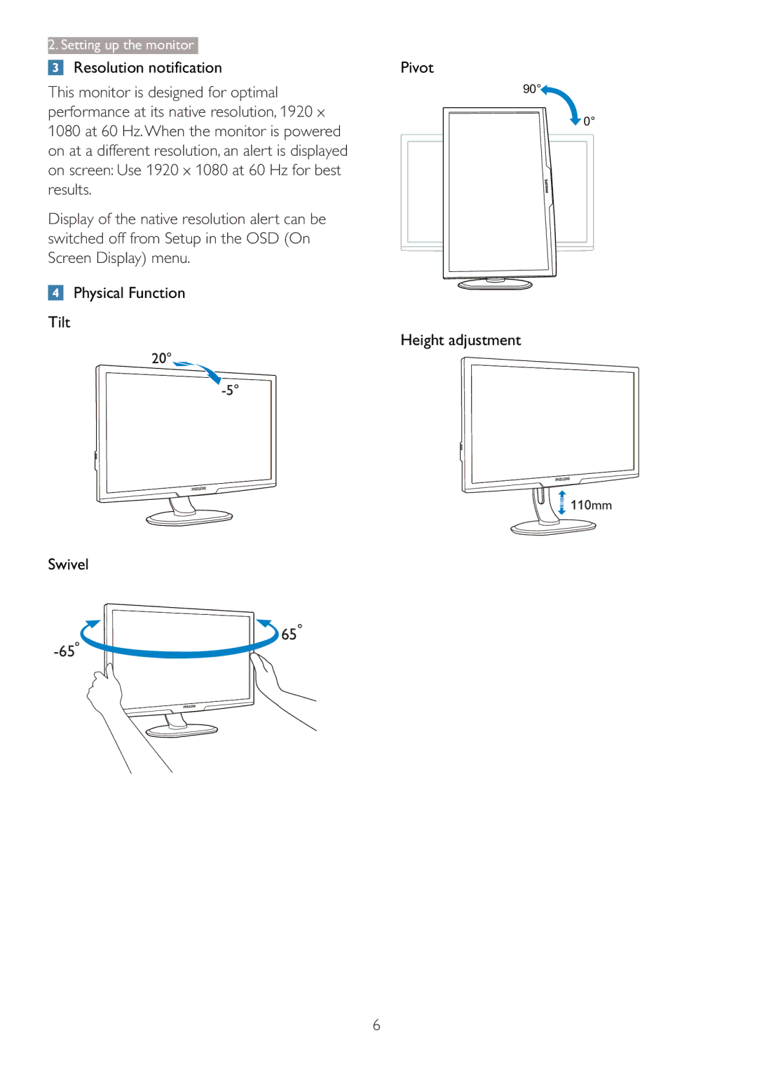 Philips 273P3L user manual Resolution notification Pivot, Physical Function Tilt Height adjustment, Swivel 