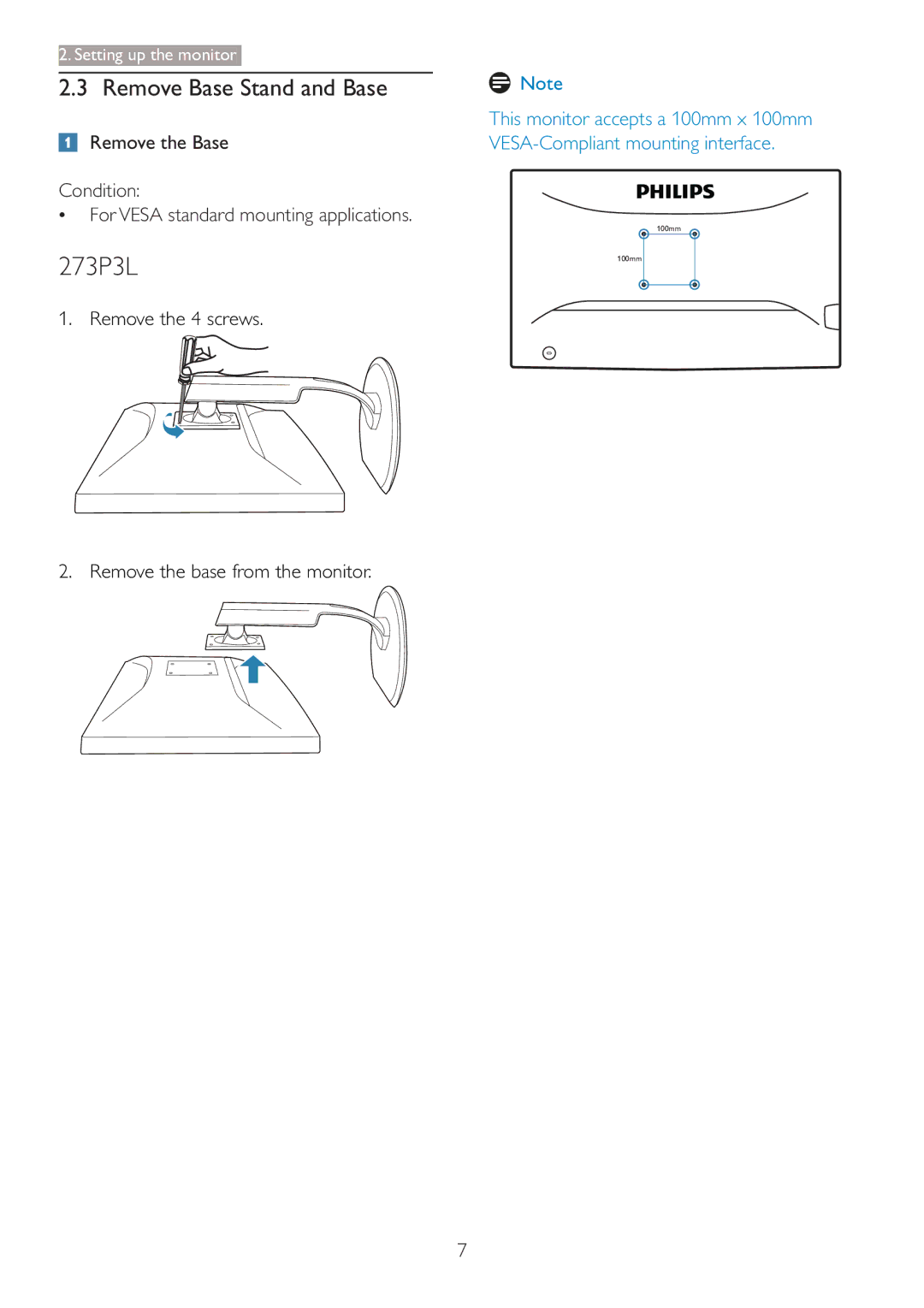 Philips 273P3L user manual Remove Base Stand and Base, Remove the 4 screws Remove the base from the monitor 