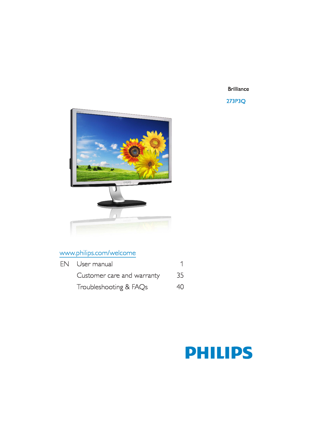 Philips 273P3Q user manual EN User manual, Troubleshooting & FAQs, Customer care and warranty, Brilliance 