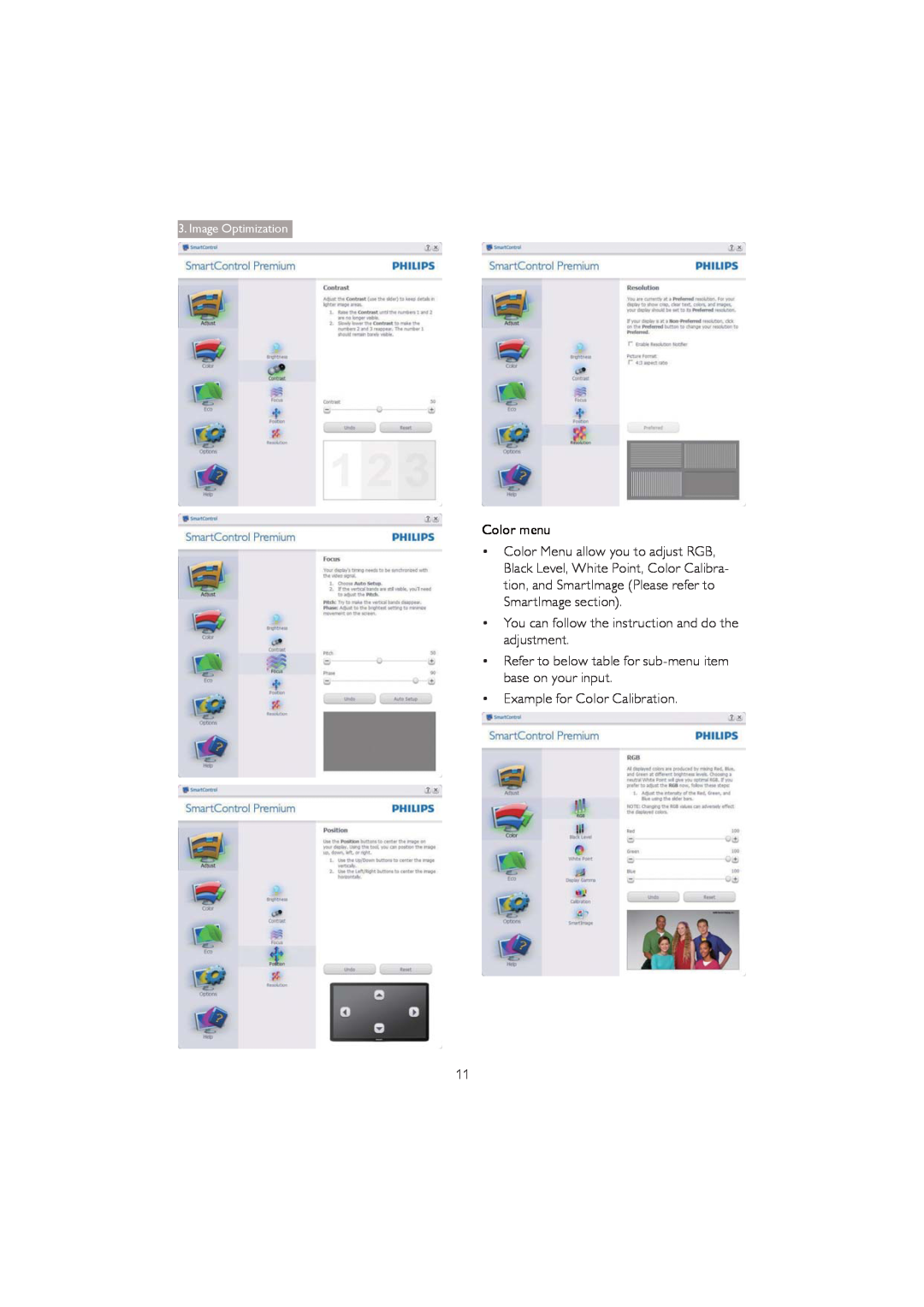 Philips 273P3Q user manual Color menu, Image Optimization 