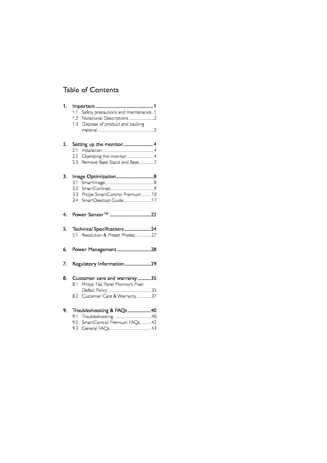 Philips 273P3Q user manual Table of Contents 