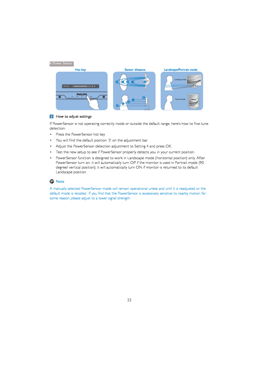 Philips 273P3Q user manual How to adjust settings, Press the PowerSensor hot key 