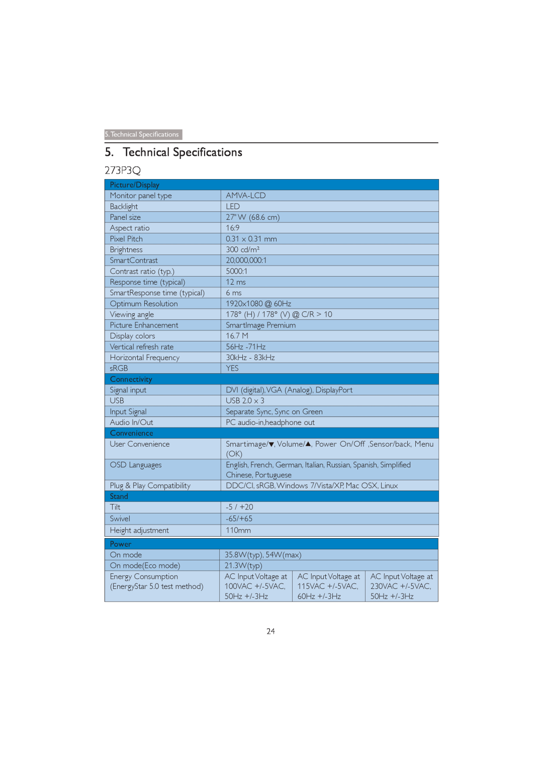 Philips user manual Technical Specifications 273P3Q, Technical Speciﬁcations 