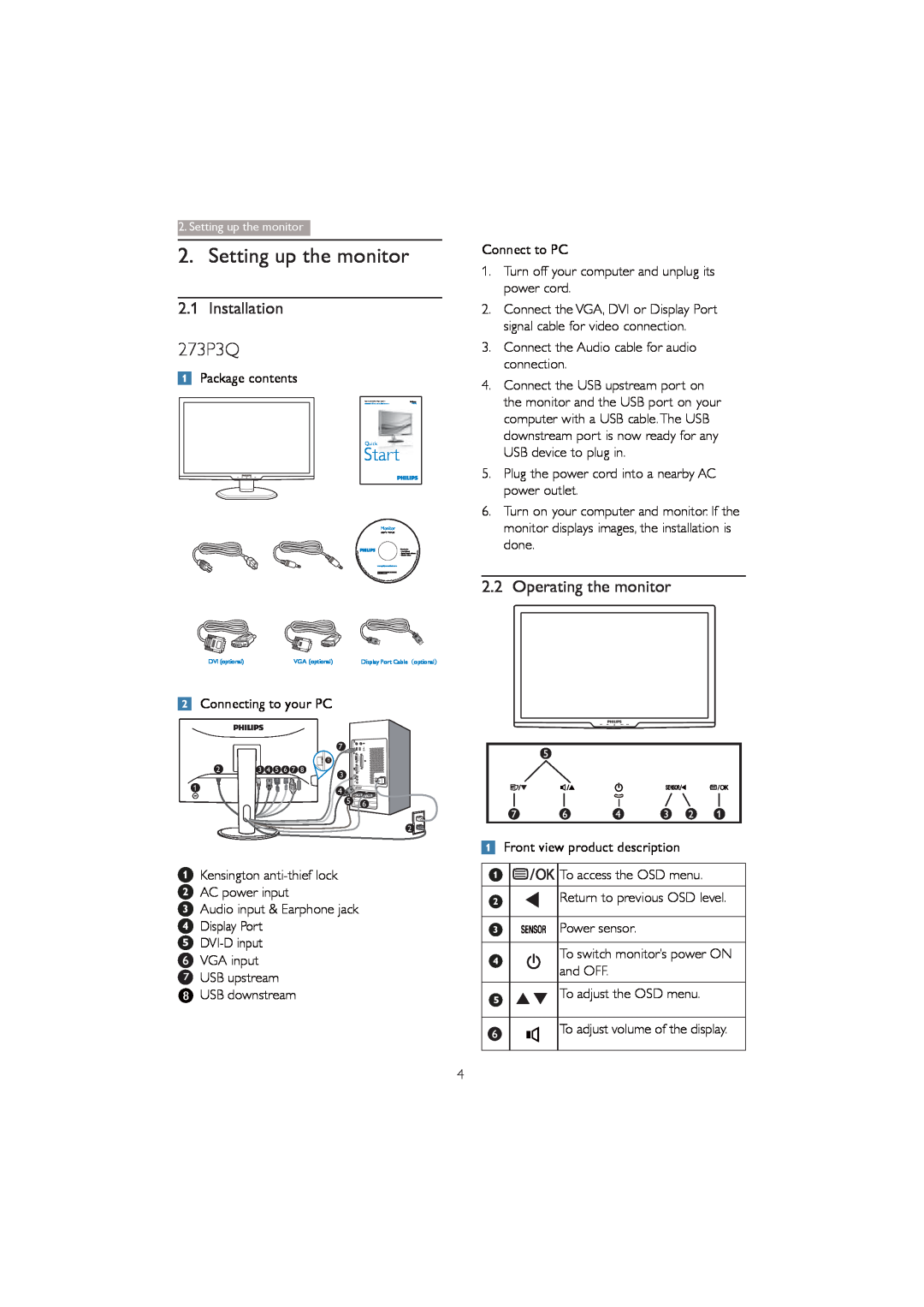 Philips 273P3Q user manual Setting up the monitor, Installation, Operating the monitor, Package contents, Star t 