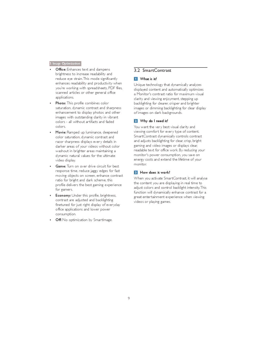 Philips 273P3Q user manual SmartContrast, Off No optimization by SmartImage 