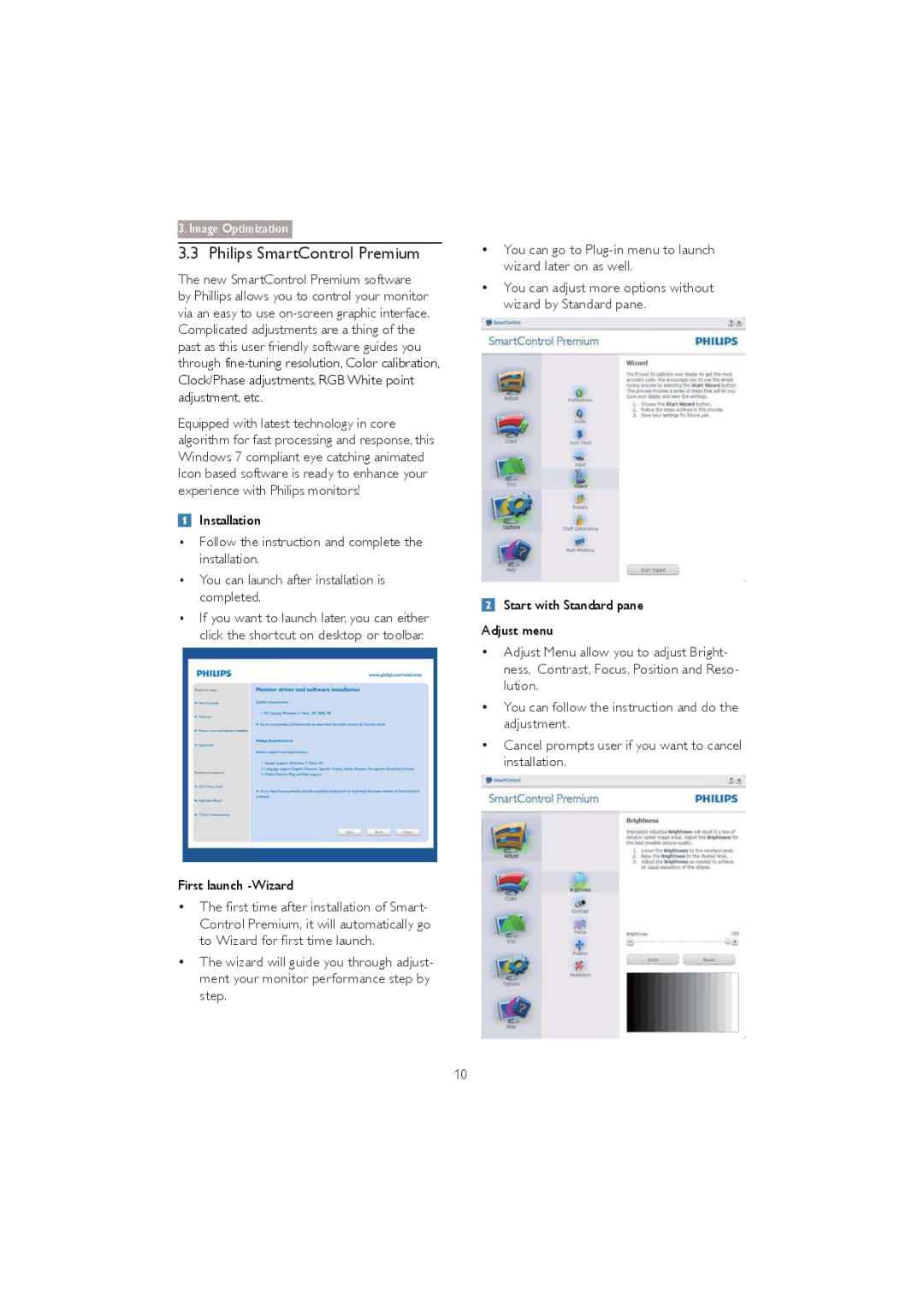 Philips 273P3Q Philips SmartControl Premium, Installation, First launch -Wizard, Start with Standard pane Adjust menu 