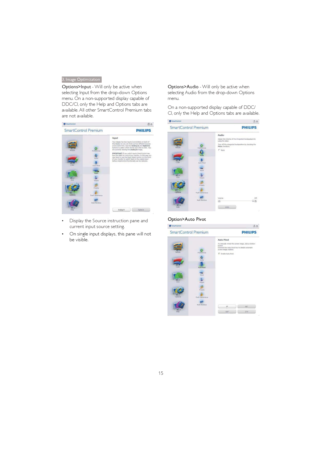 Philips 273P3Q user manual On single input displays, this pane will not be visible, OptionAuto Pivot 