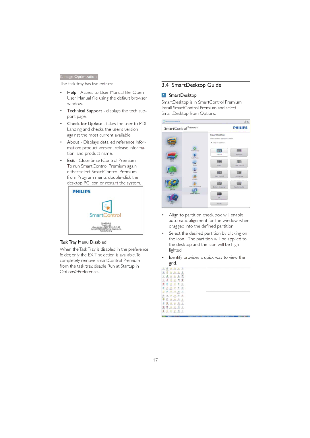 Philips 273P3Q user manual SmartDesktop Guide, Task Tray Menu Disabled, Identify provides a quick way to view the grid 