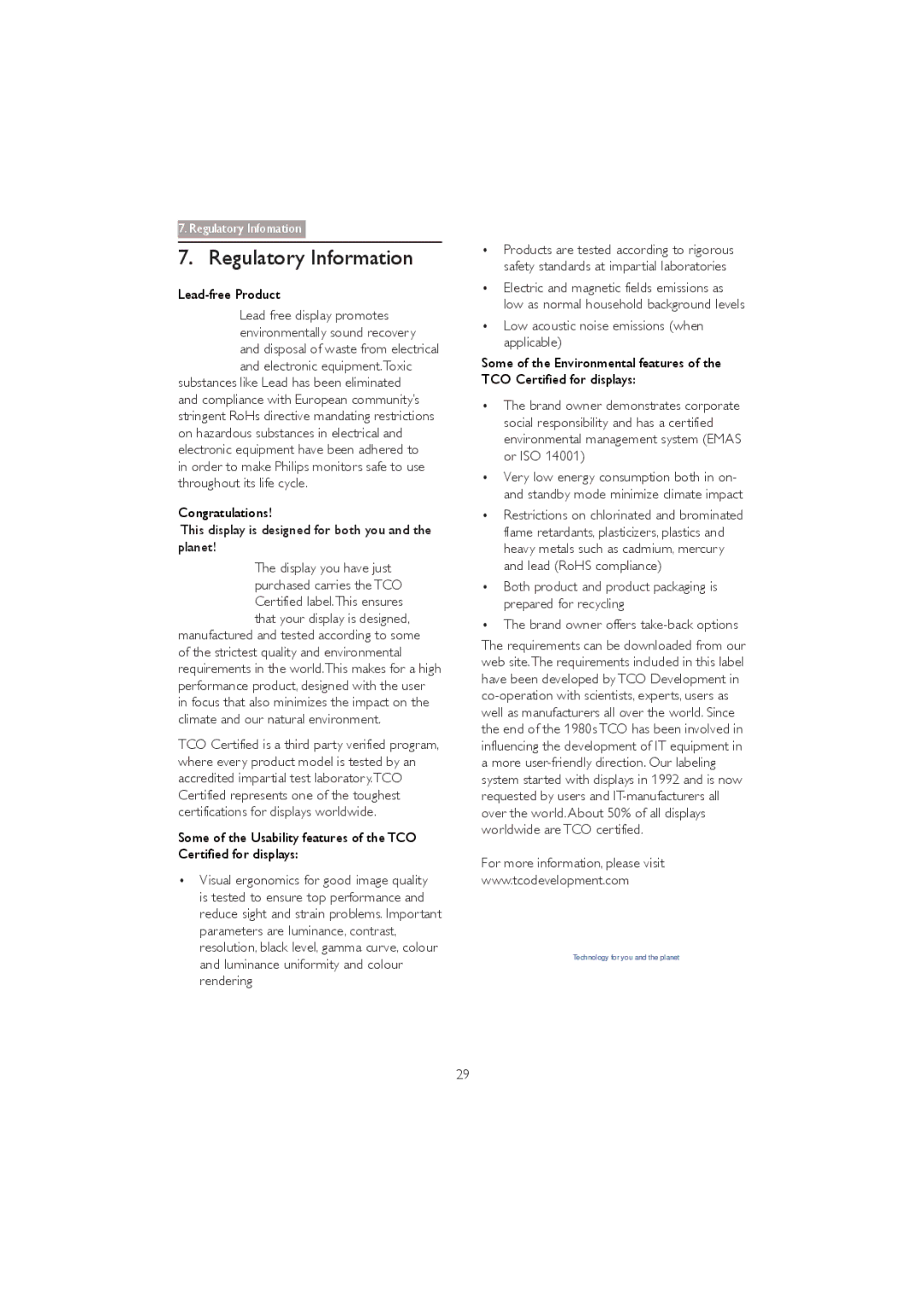 Philips 273P3Q user manual Regulatory Information, This display is designed for both you and the planet 