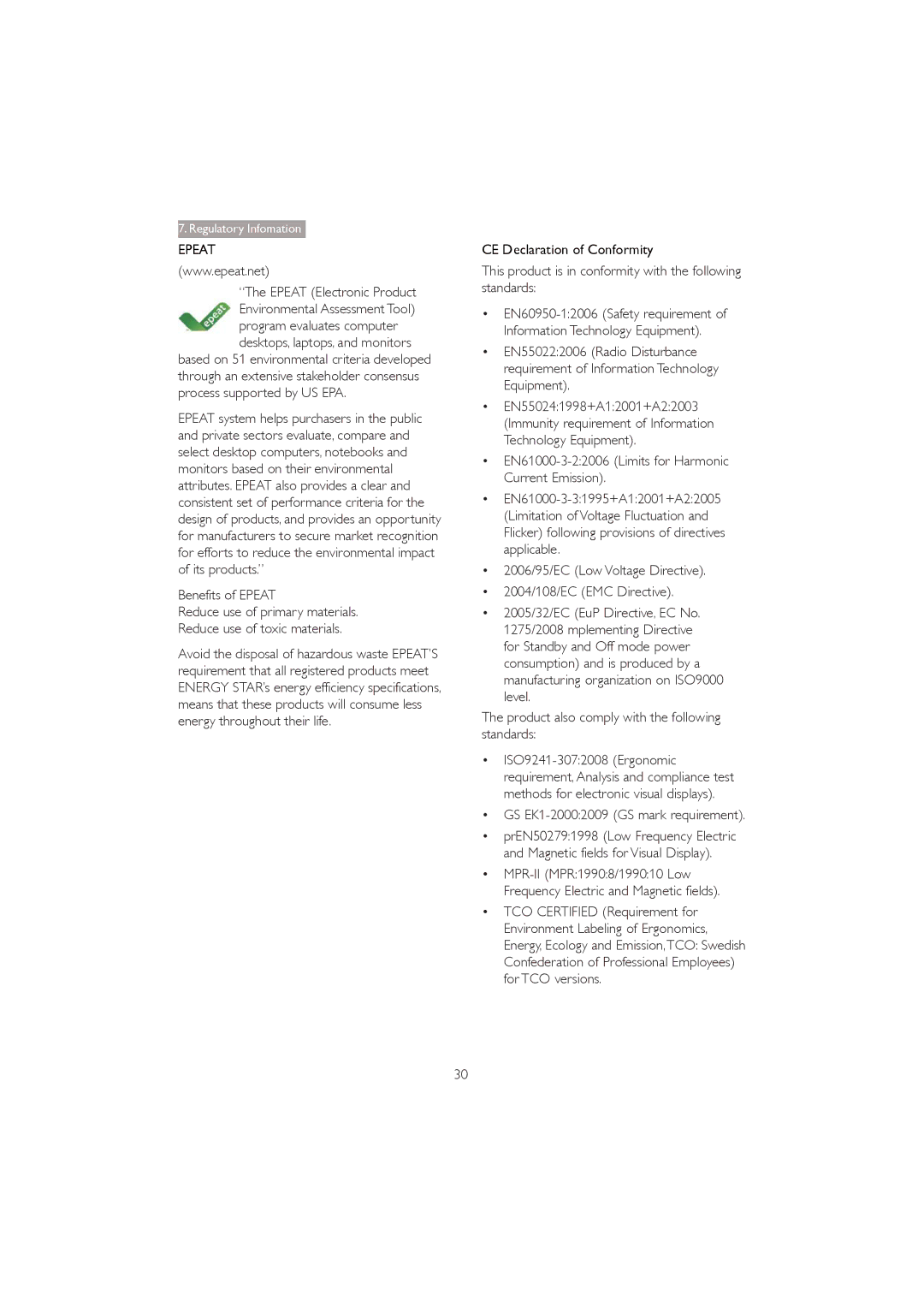 Philips 273P3Q user manual Epeat Electronic Product, CE Declaration of Conformity, GS EK1-20002009 GS mark requirement 