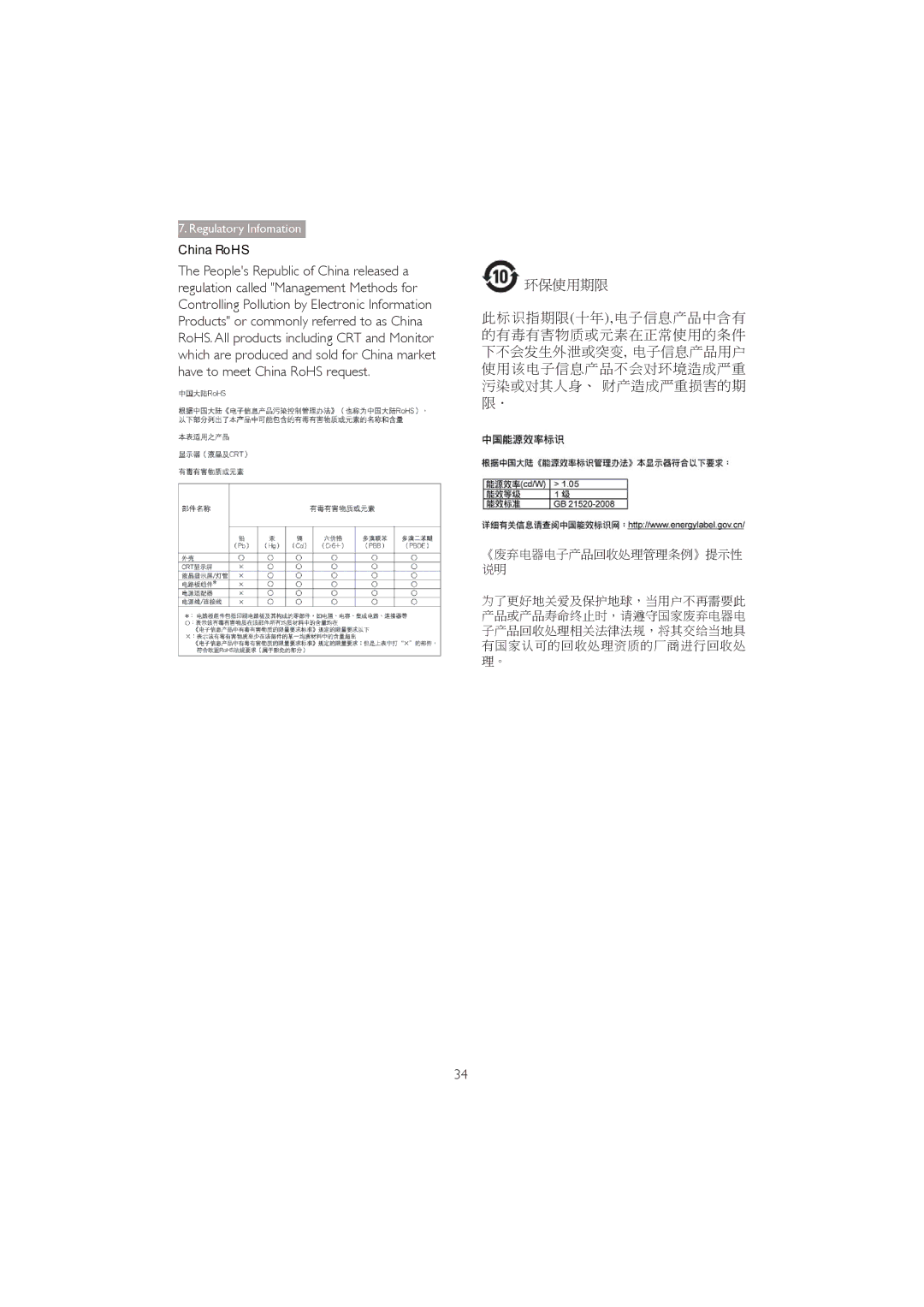 Philips 273P3Q user manual China RoHS, 环保使用期限 