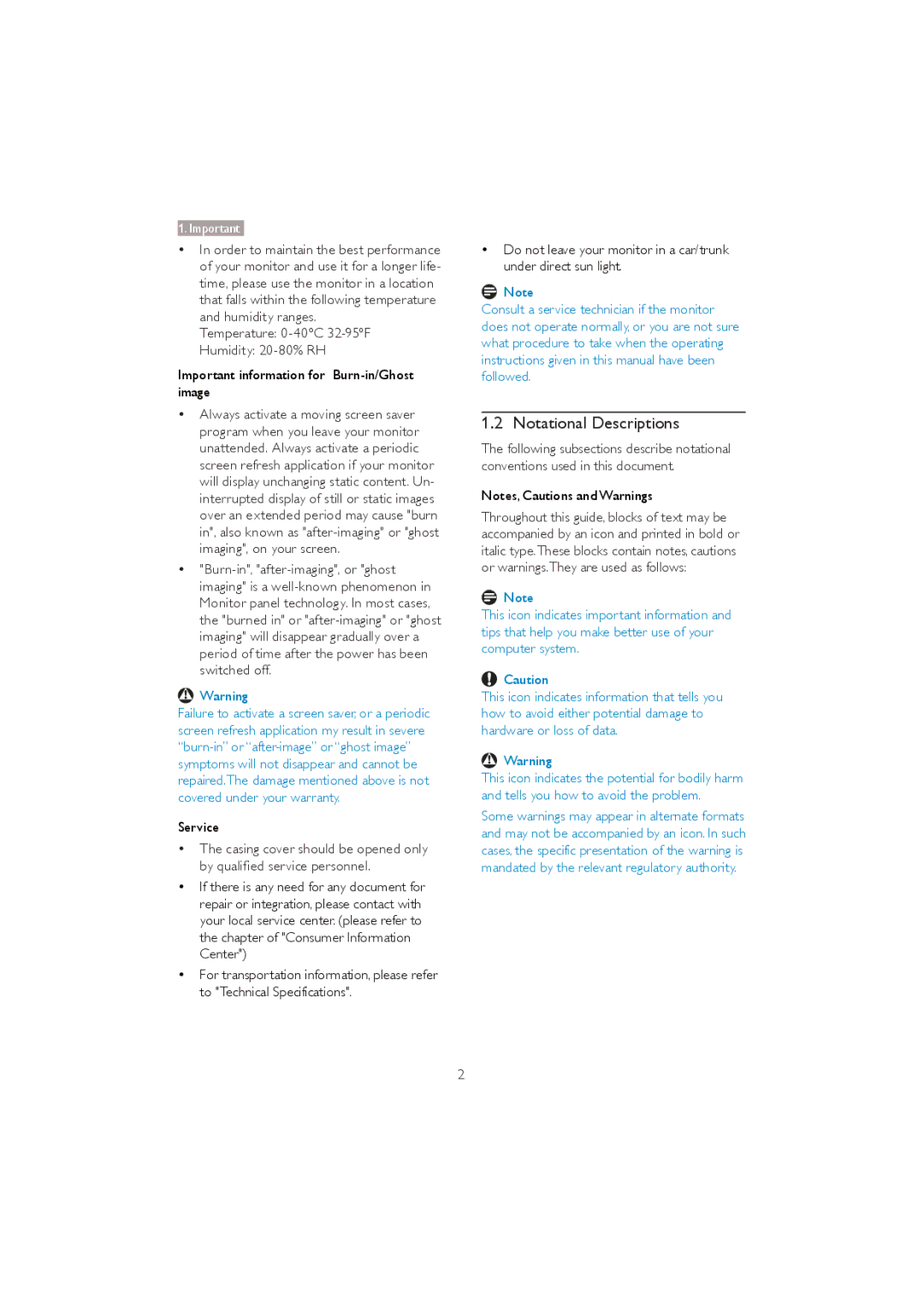 Philips 273P3Q user manual Notational Descriptions, Temperature 0-40C 32-95F Humidity 20-80% RH, Service 