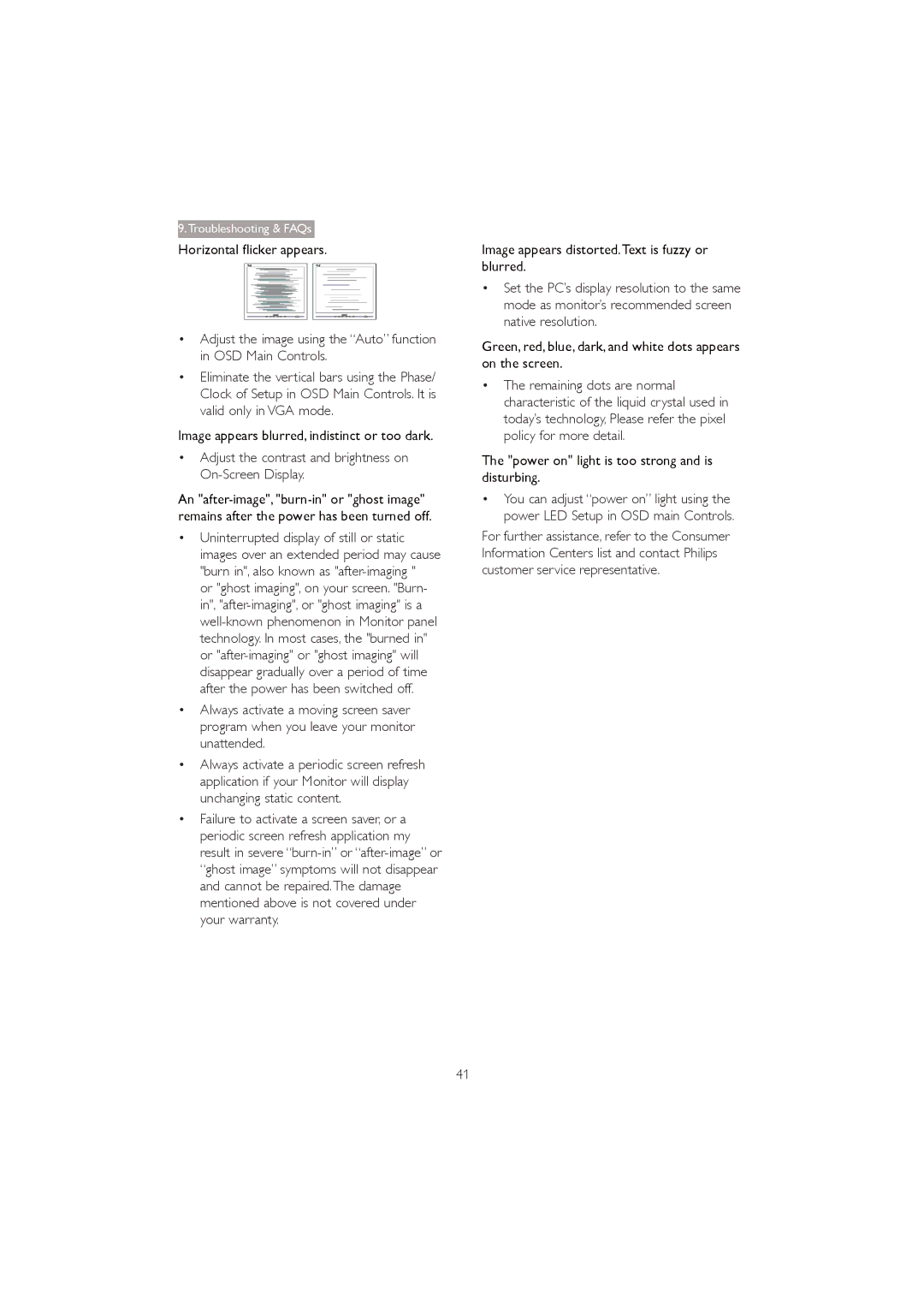 Philips 273P3Q user manual Horizontal flicker appears, Image appears blurred, indistinct or too dark 