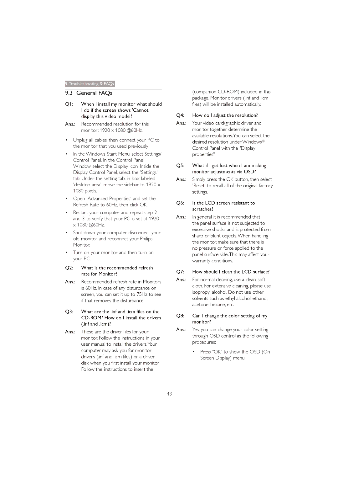 Philips 273P3Q user manual General FAQs, Press OK to show the OSD On, Screen Display menu 