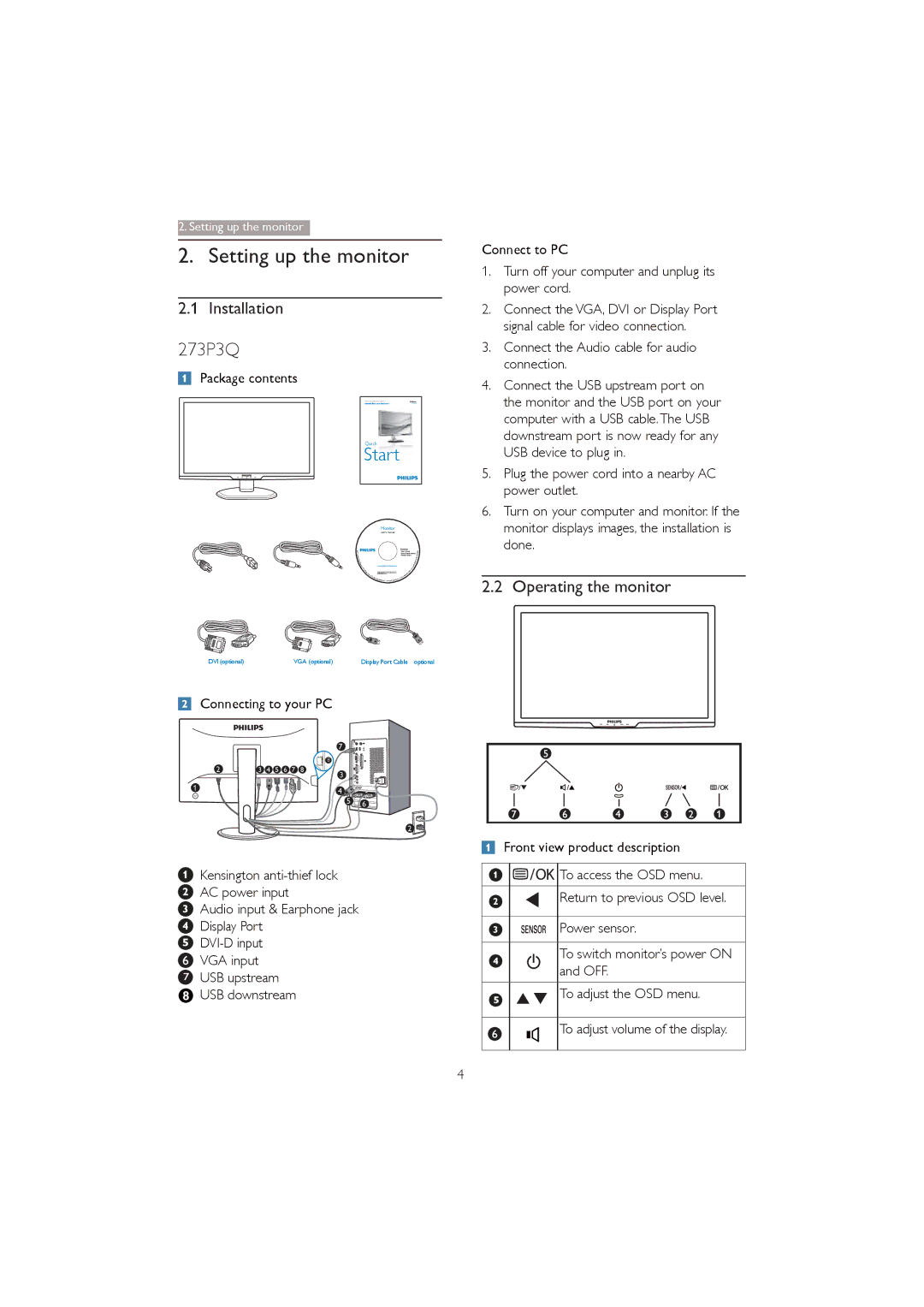 Philips 273P3Q user manual Setting up the monitor, Installation, Operating the monitor, Package contents 