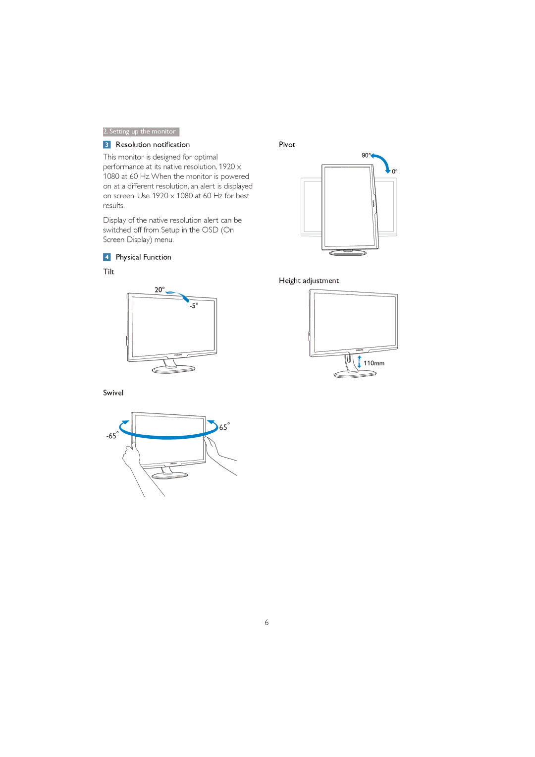 Philips 273P3Q user manual Resolution notification, Physical Function Tilt Height adjustment, Swivel 