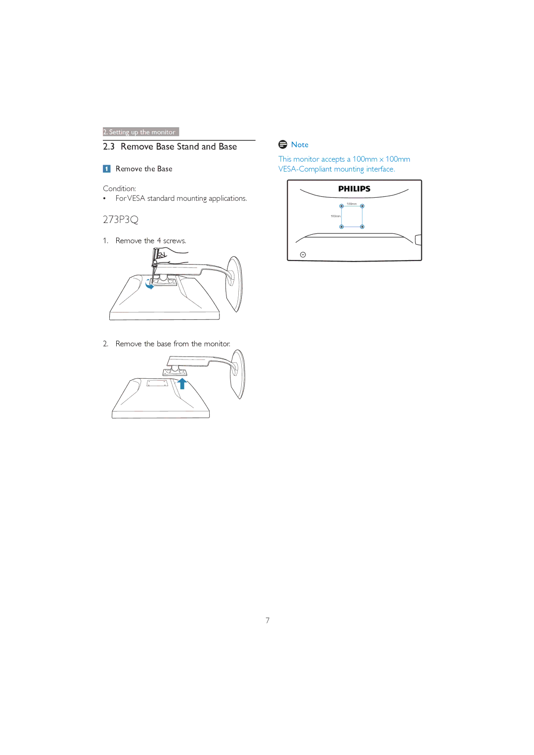 Philips 273P3Q user manual Remove Base Stand and Base, Remove the 4 screws Remove the base from the monitor 