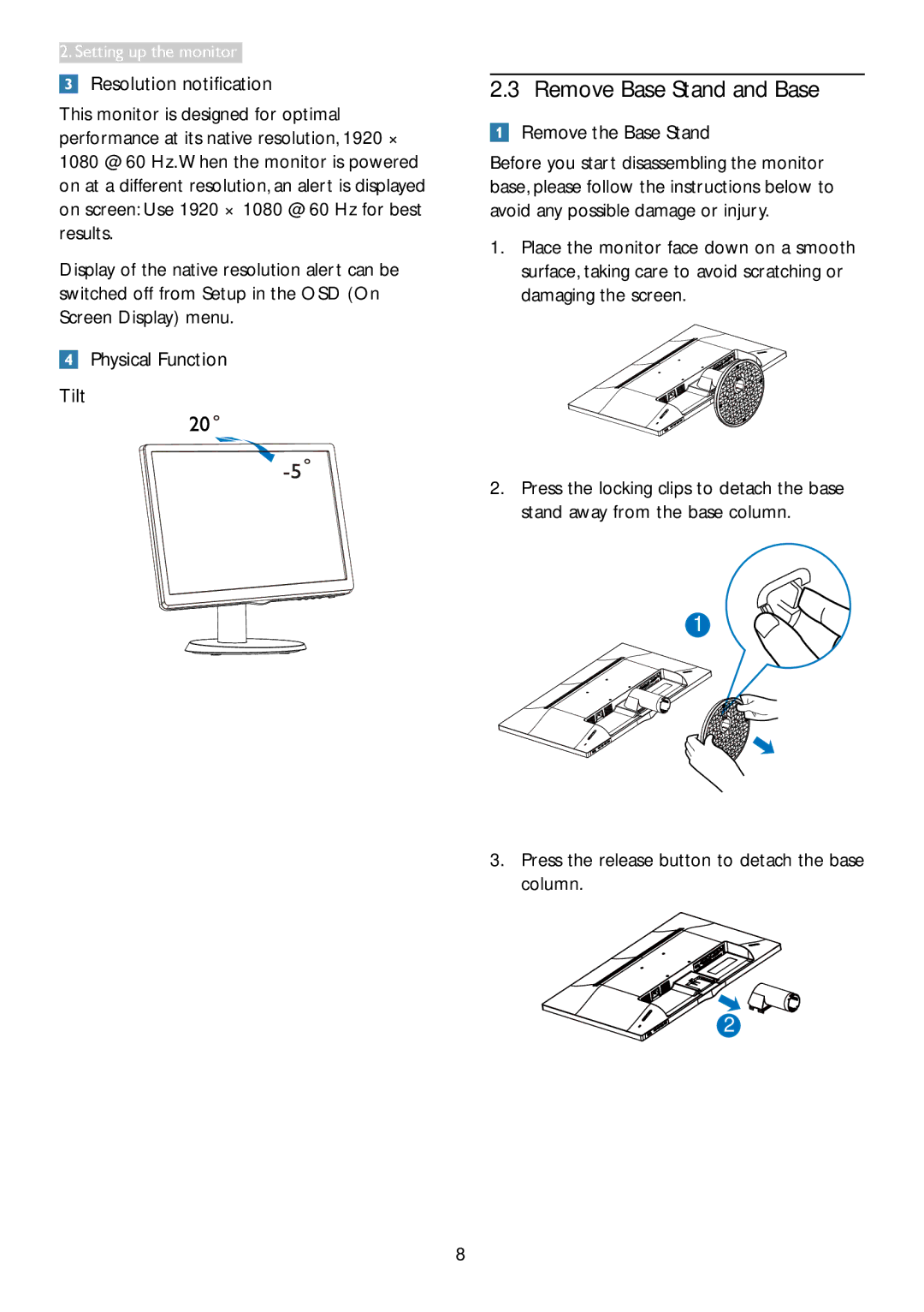 Philips 273V5 Remove Base Stand and Base, Remove the Base Stand, Press the release button to detach the base column 