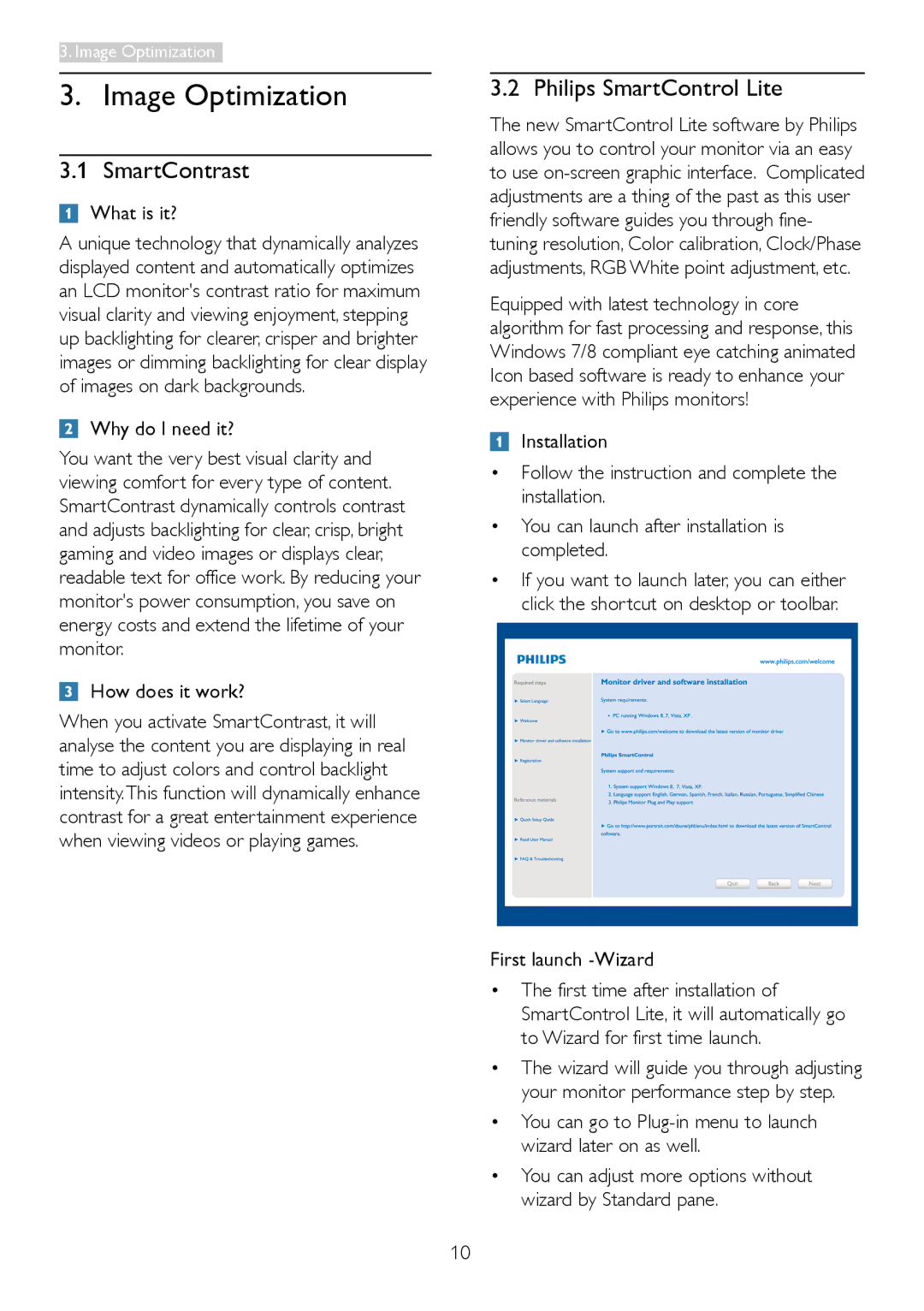 Philips 273V5 user manual Image Optimization, SmartContrast, Philips SmartControl Lite 