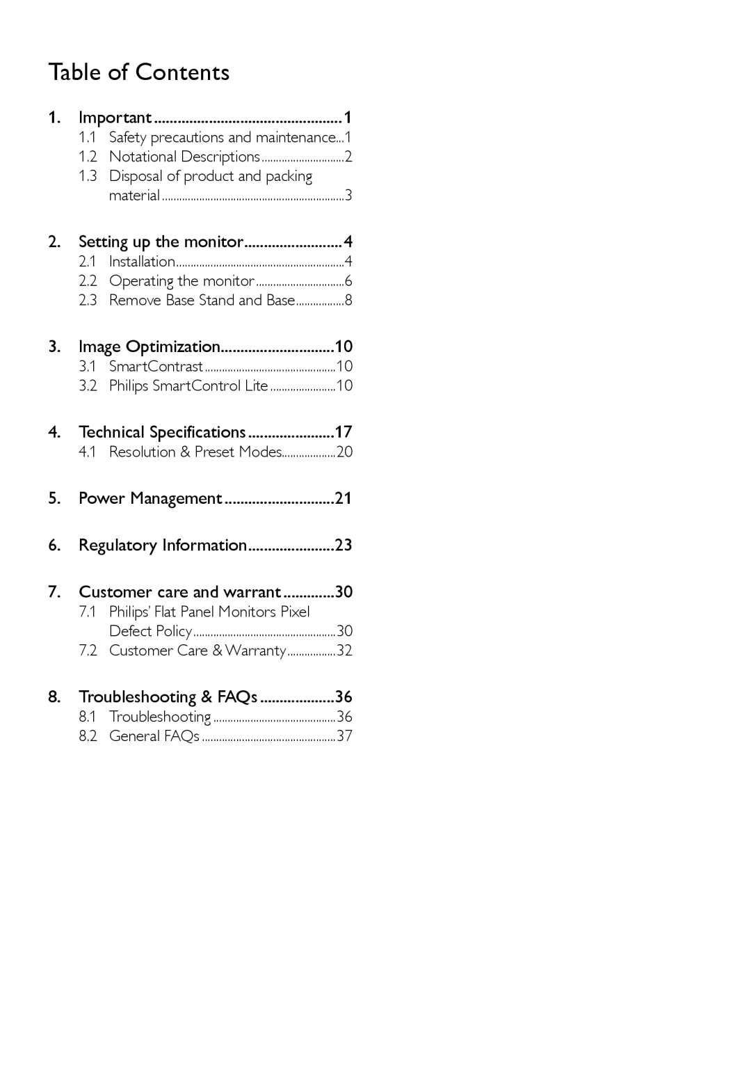 Philips 273V5 user manual Table of Contents 