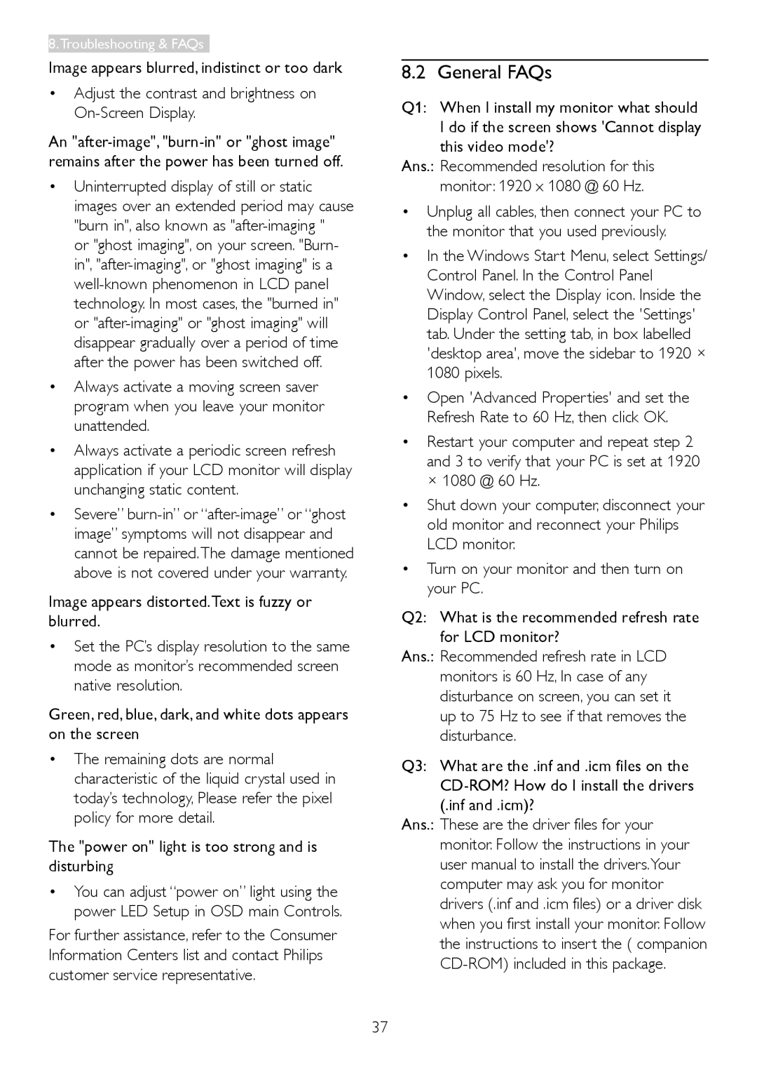 Philips 273V5 user manual General FAQs, Image appears blurred, indistinct or too dark 