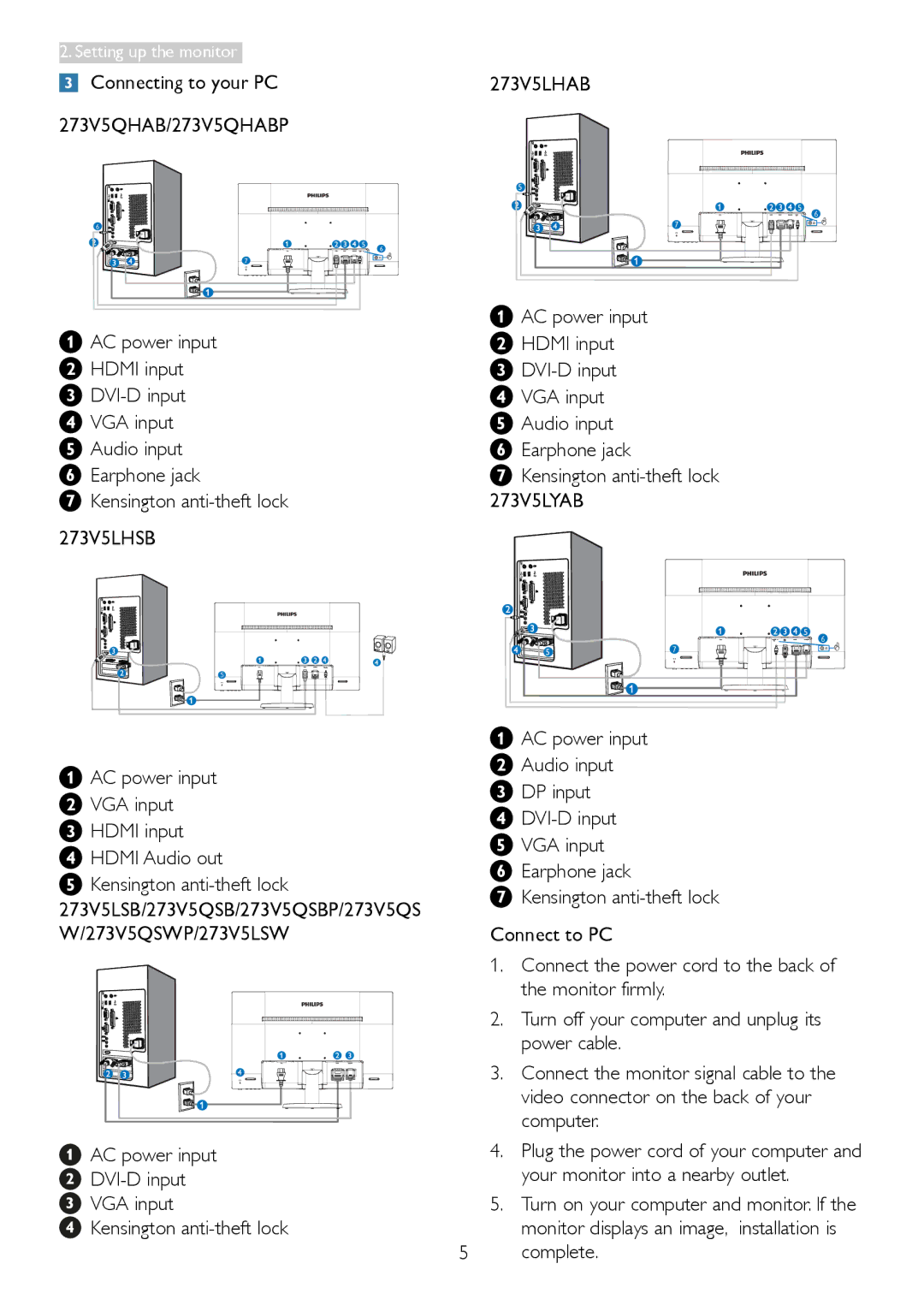 Philips user manual 273V5QHAB/273V5QHABP, 273V5LHSB, 273V5LHAB 