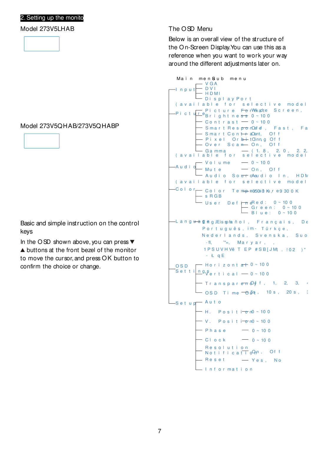 Philips Model 273V5LHAB, Model 273V5QHAB/273V5QHABP, Basic and simple instruction on the control keys, OSD Menu 