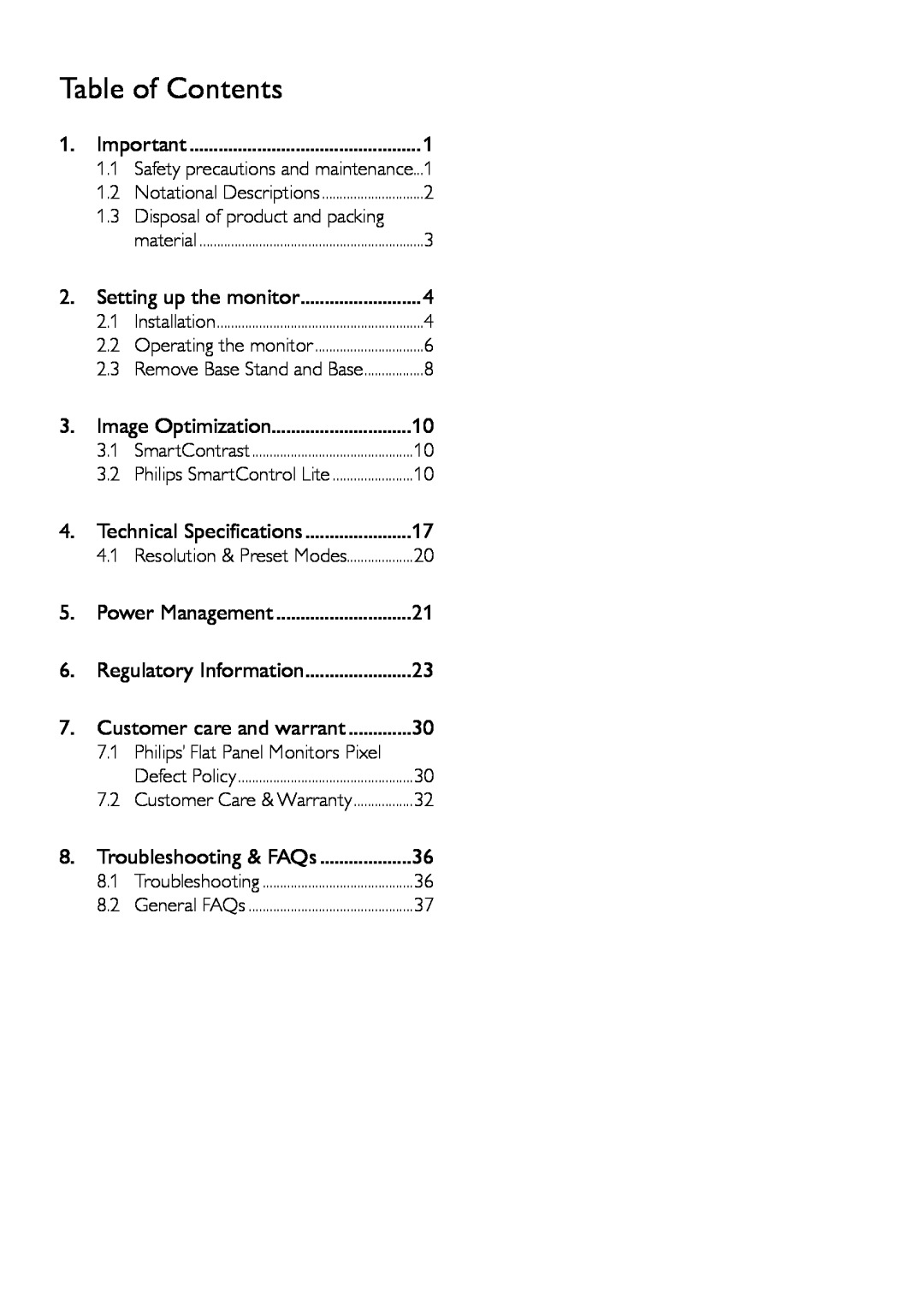 Philips 273V5 user manual Table of Contents 