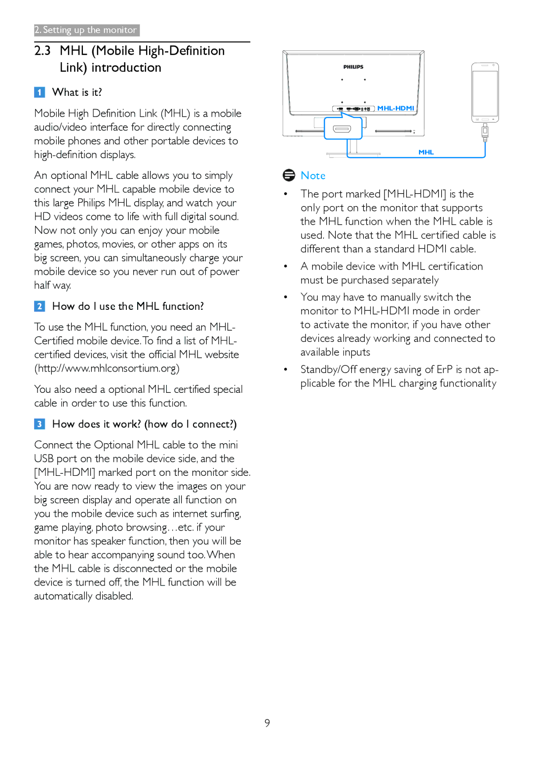 Philips 274E5QSB, 274E5QHSB MHL Mobile High-Definition Link introduction, What is it?, How do I use the MHL function? 