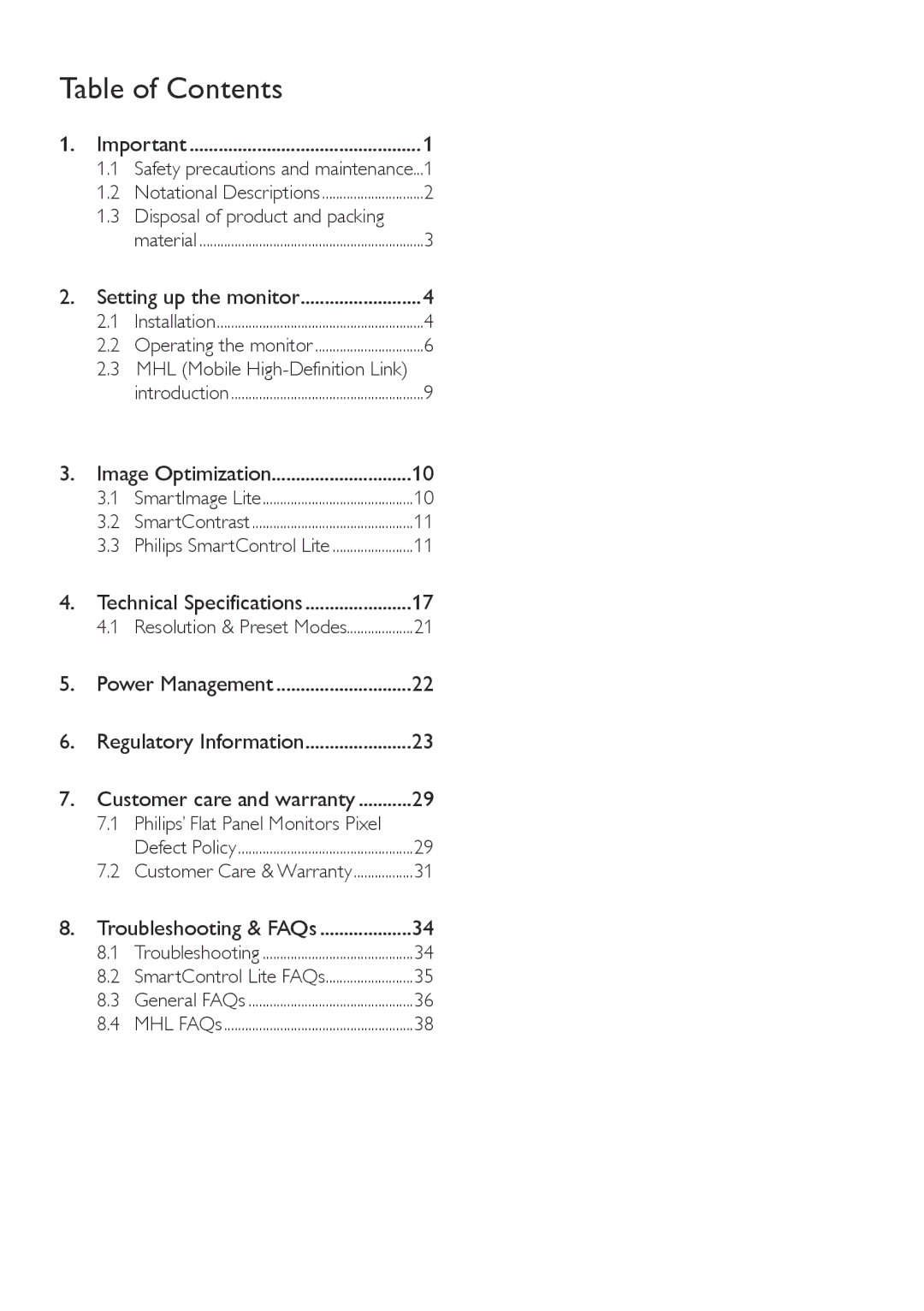 Philips 274E5QHSB, 274E5QSB user manual Table of Contents 