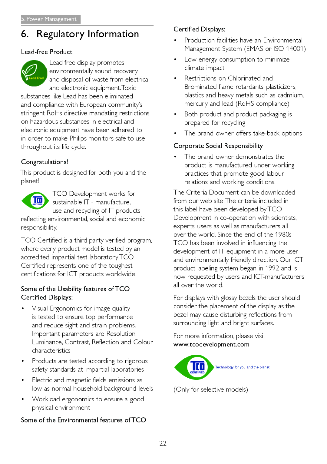 Philips 274E5QHSB, 274E5QSB Regulatory Information, Lead-free Product, Low energy consumption to minimize climate impact 