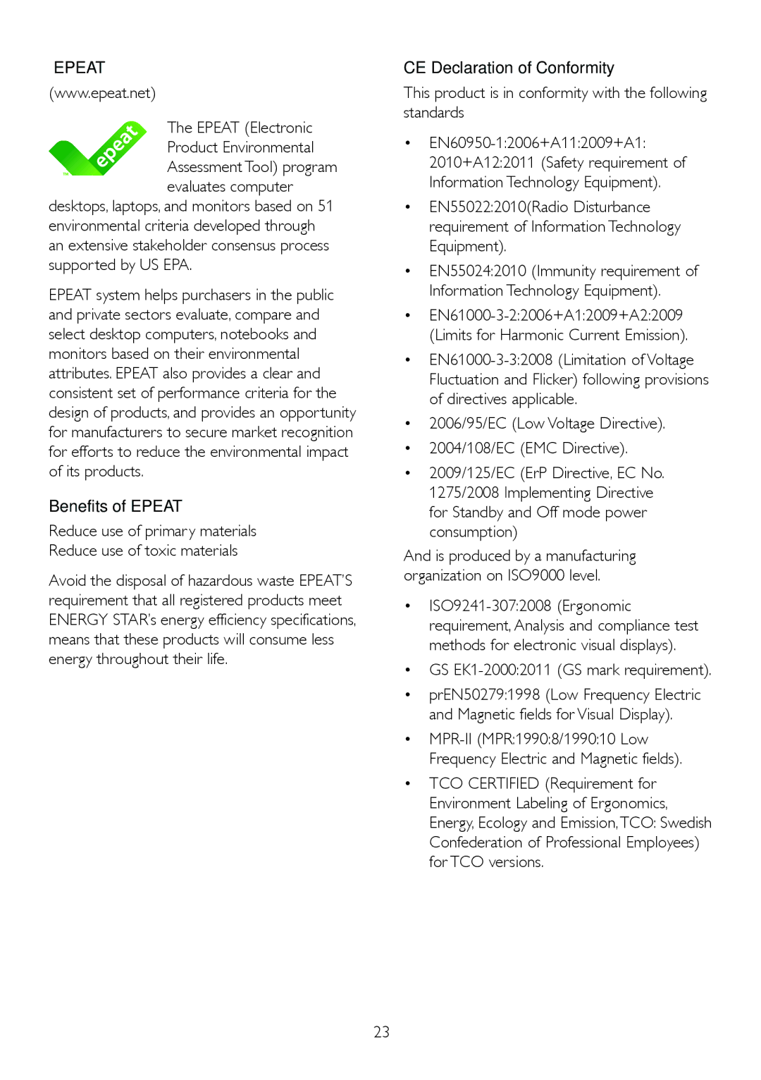 Philips 274E5QSB, 274E5QHSB user manual Epeat Electronic Product Environmental, GS EK1-20002011 GS mark requirement 