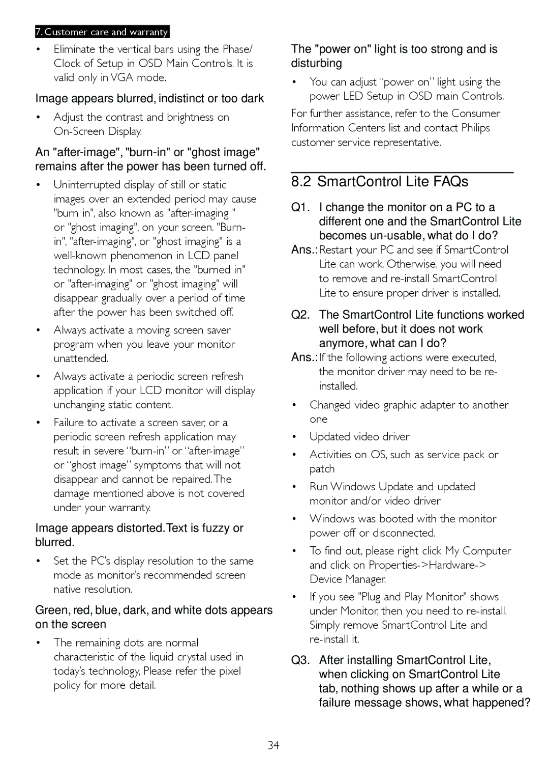 Philips 274E5QHSB, 274E5QSB user manual SmartControl Lite FAQs, Image appears distorted.Text is fuzzy or blurred 