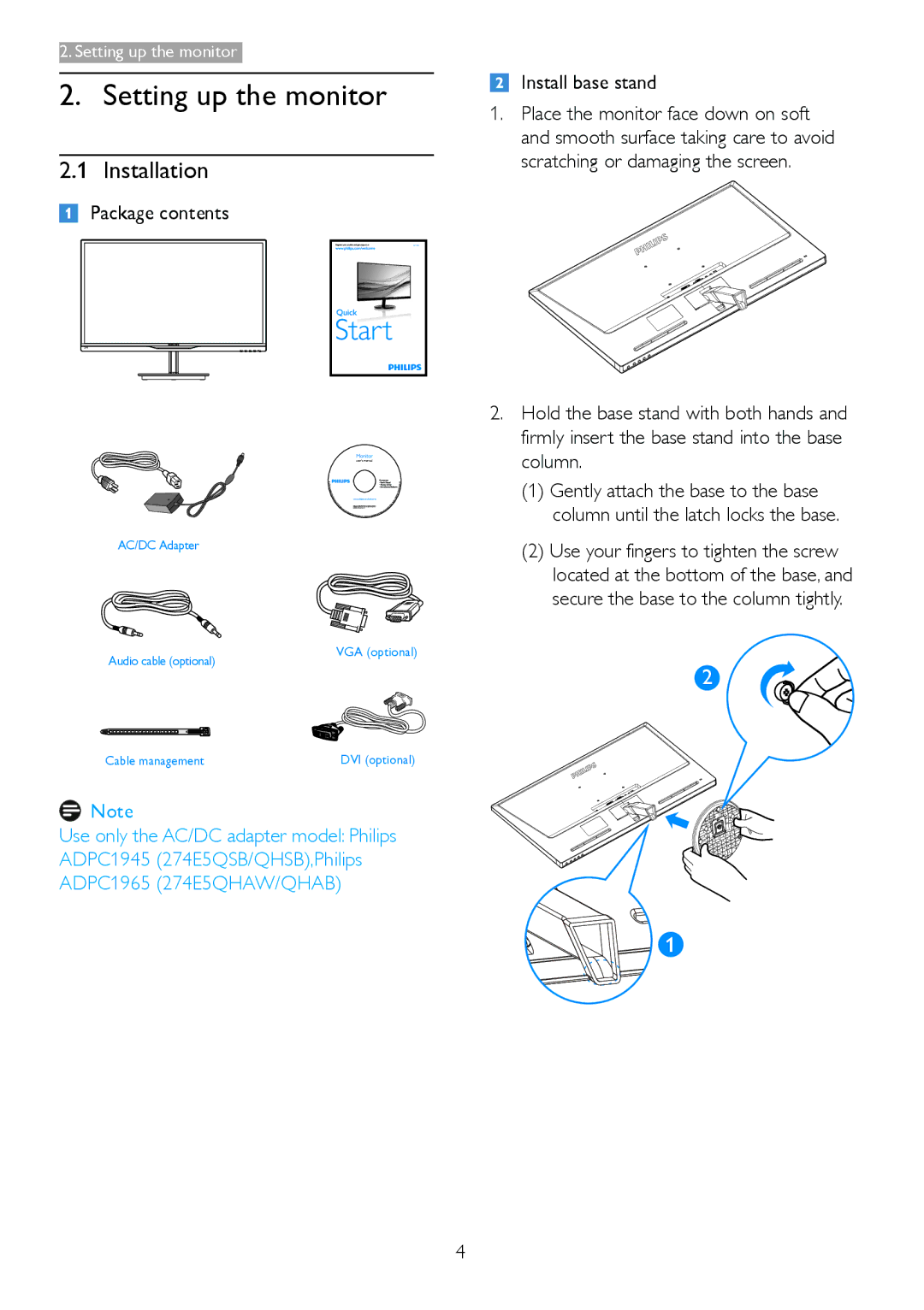 Philips 274E5QHSB, 274E5QSB user manual Setting up the monitor, Installation, Package contents, Install base stand 