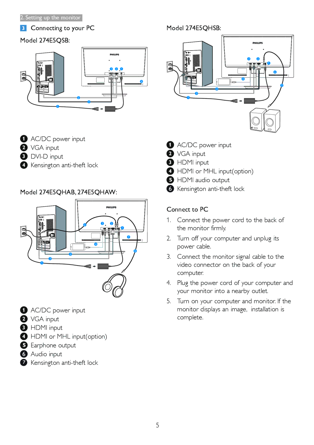 Philips 274E5QSB, 274E5QHSB Video connector on the back of your, Computer, Your monitor into a nearby outlet, Complete 