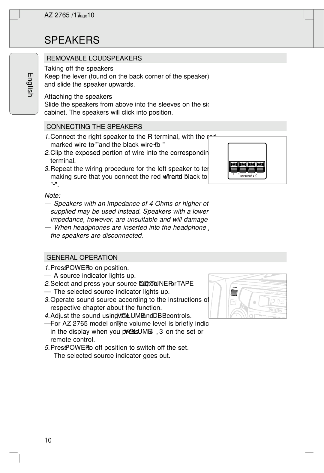 Philips 2760 manual Removable Loudspeakers, Connecting the Speakers, General Operation 