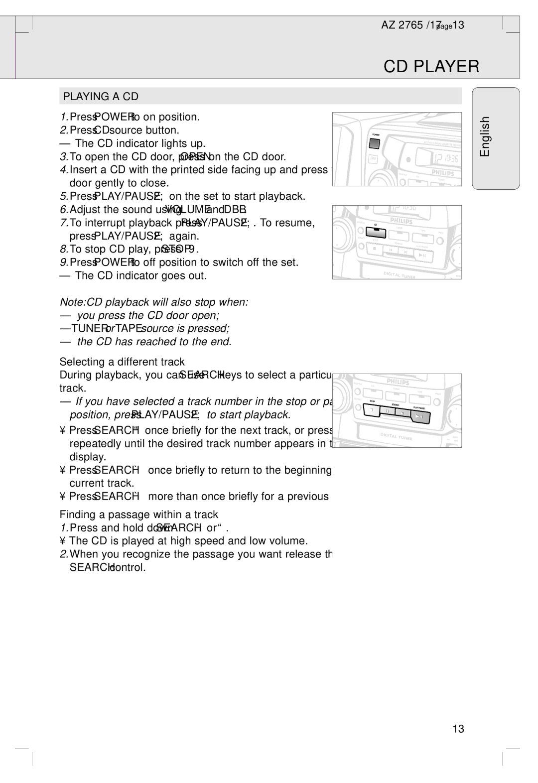 Philips 2760 manual Playing a CD, Selecting a different track, Finding a passage within a track 