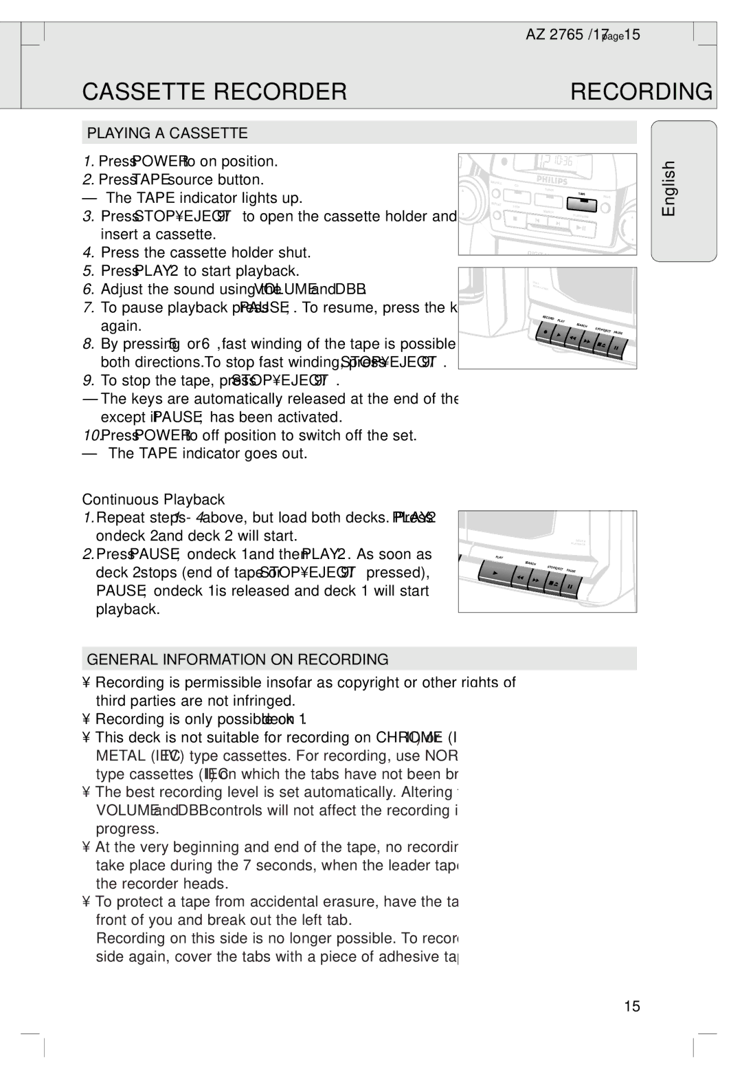 Philips 2760 manual Cassette Recorder Recording, Playing a Cassette, Continuous Playback, General Information on Recording 