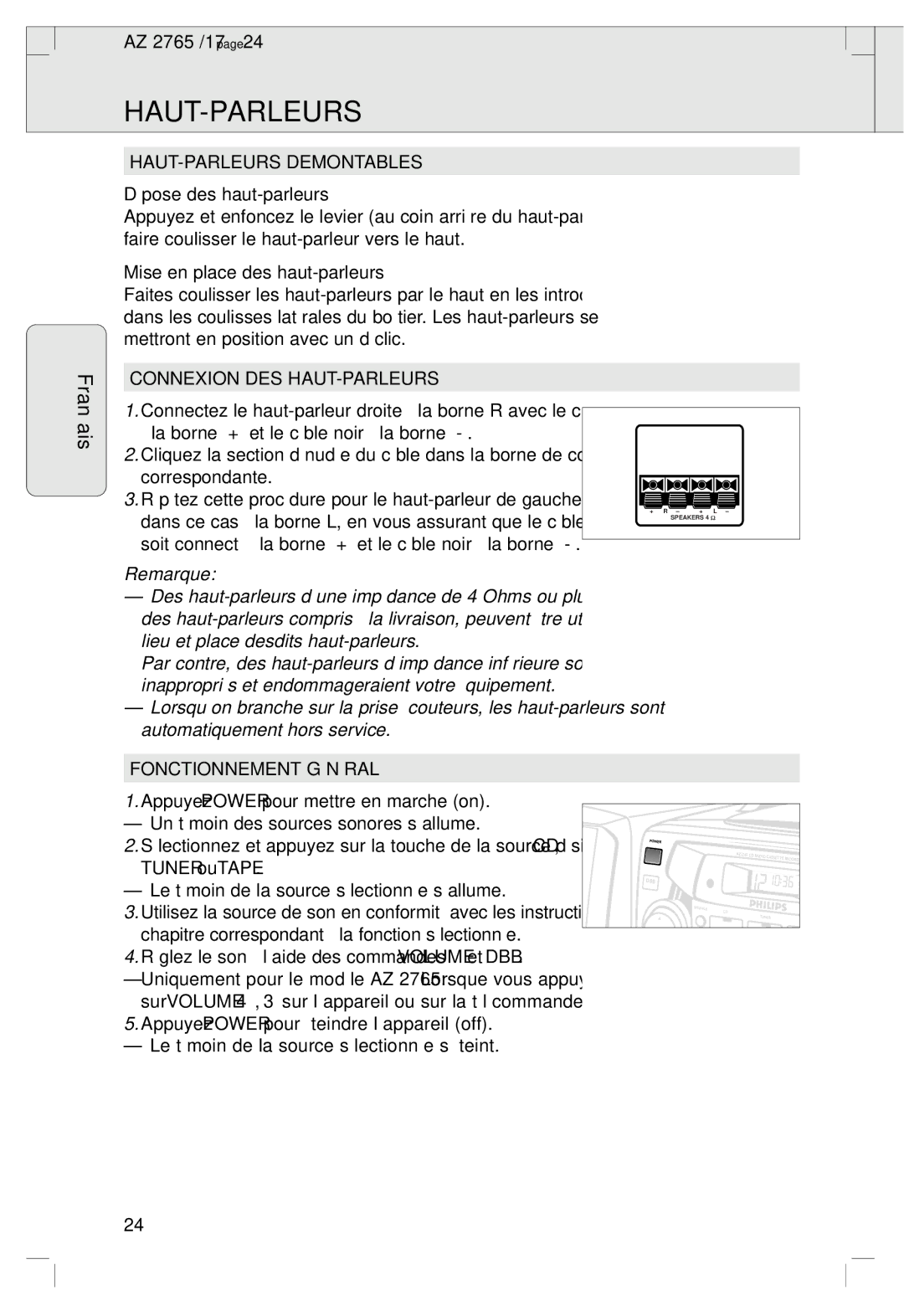 Philips 2760 manual Haut-Parleurs, HAUT-PARLEURS Demontables, Connexion DES HAUT-PARLEURS, Remarque, Fonctionnement Général 