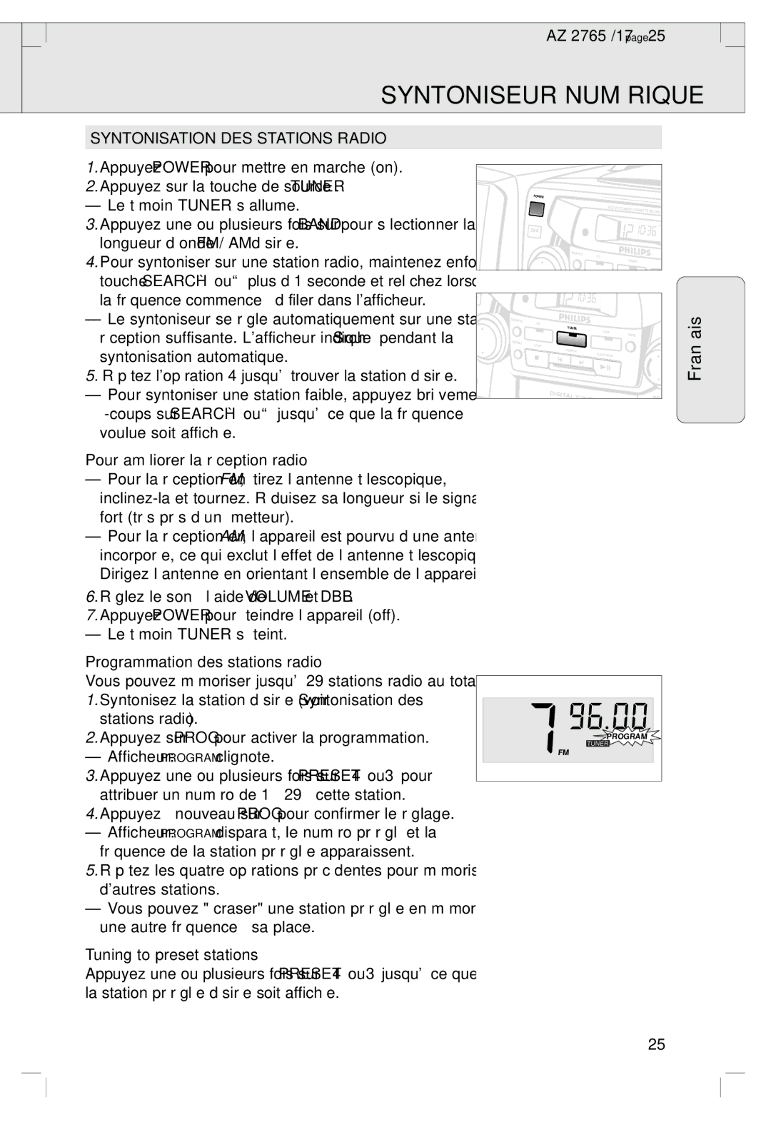 Philips 2760 manual Syntoniseur Numérique, Syntonisation DES Stations Radio, Pour améliorer la réception radio 