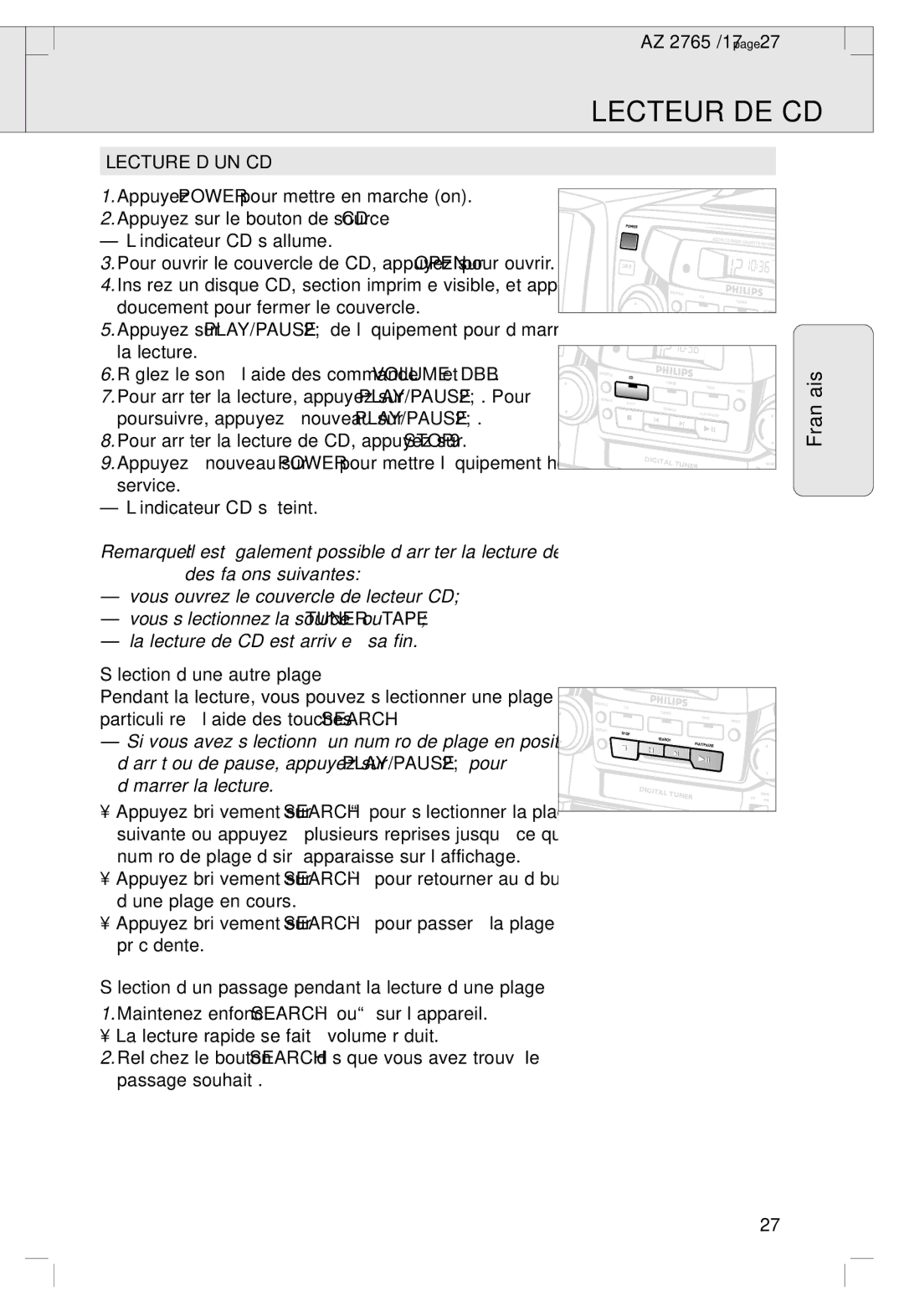 Philips 2760 manual Lecture D’UN CD, Pour arrêter la lecture de CD, appuyez sur Stop, Service ’indicateur CD s’éteint 