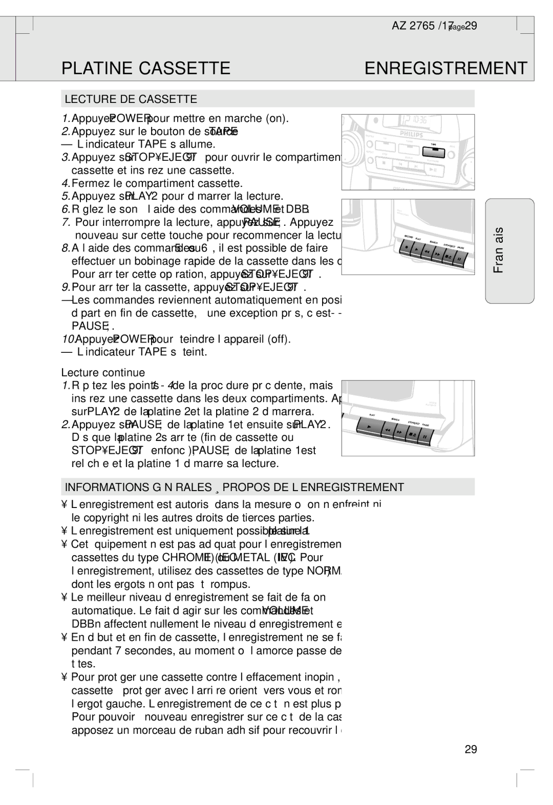 Philips 2760 Platine Cassette, Lecture DE Cassette, Lecture continue, Informations Générales À Propos DE L’ENREGISTREMENT 