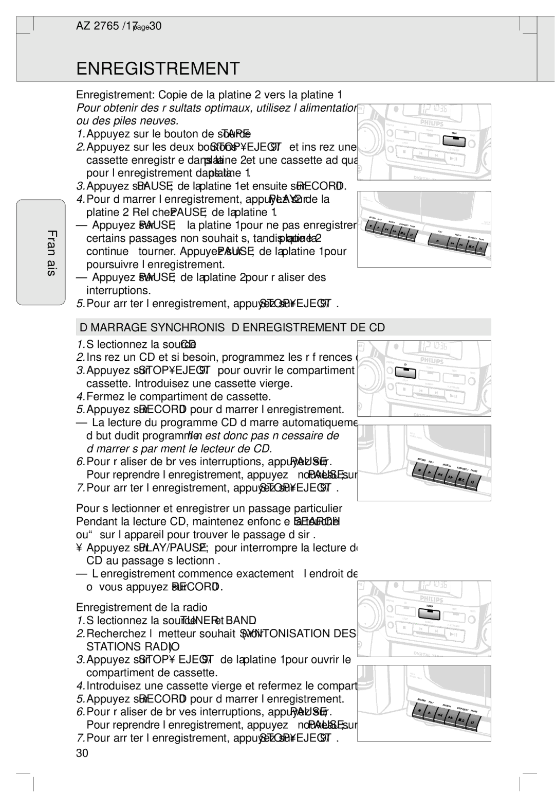 Philips 2760 manual Enregistrement, Ou des piles neuves, Démarrer séparément le lecteur de CD, Stations RADIO’ 