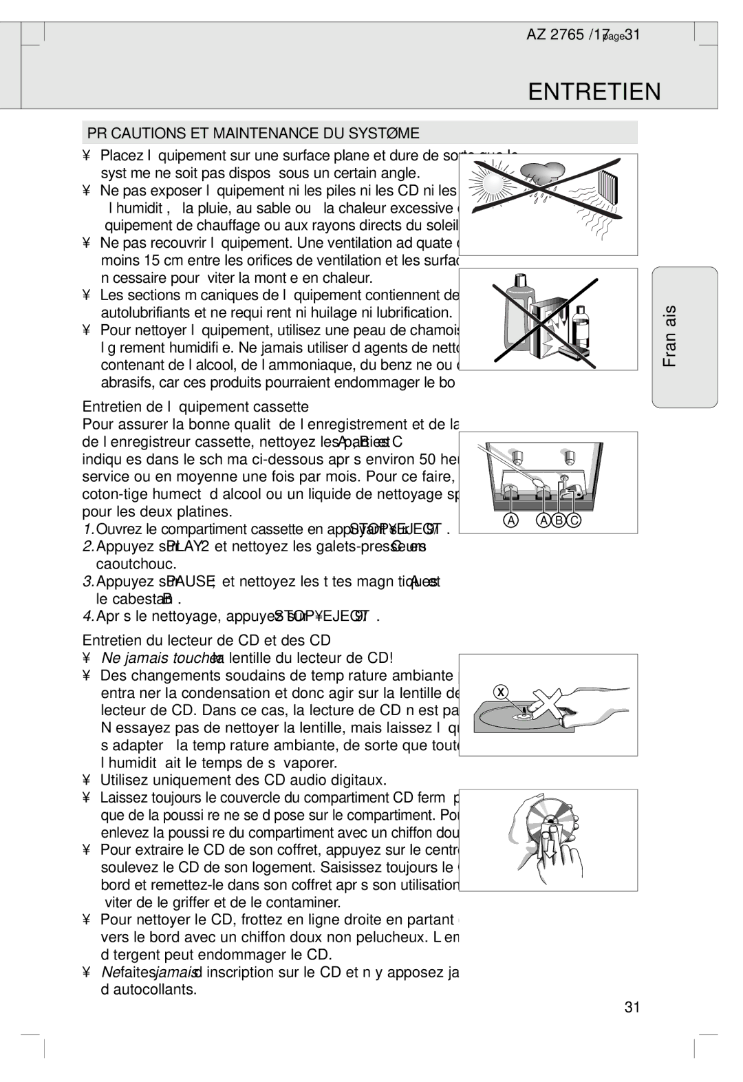 Philips 2760 manual Précautions ET Maintenance DU Système, Entretien de l’équipement cassette 