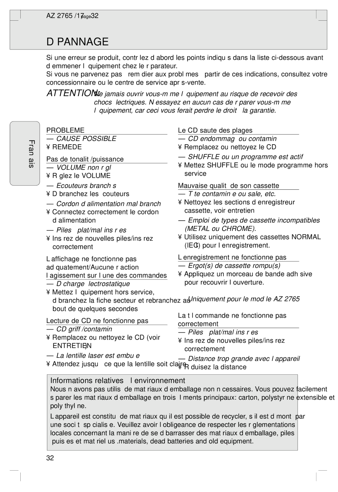 Philips 2760 manual Dépannage, Probleme, Entretien, Uniquement pour le modèle AZ 