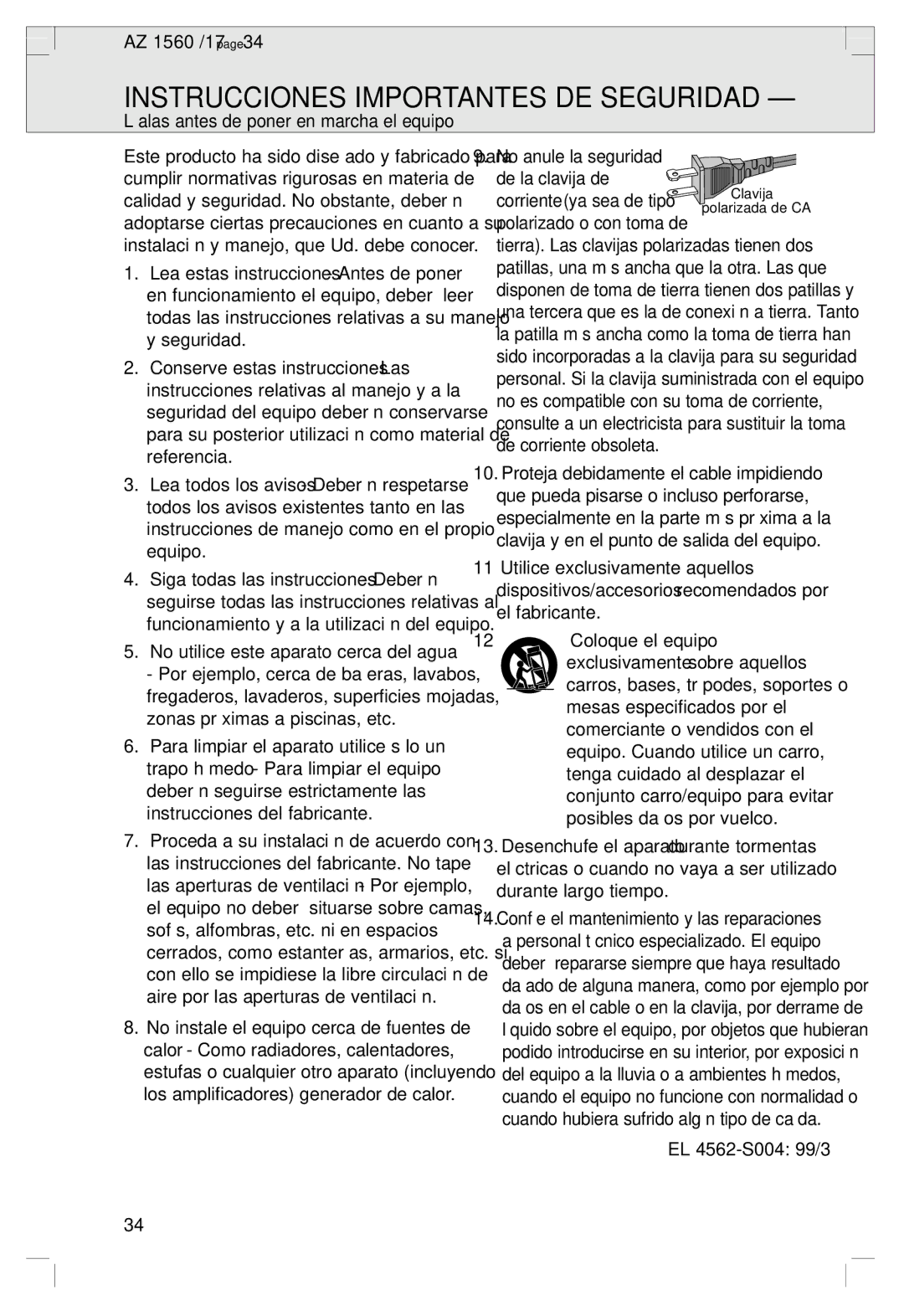 Philips 2760 manual Instrucciones Importantes DE Seguridad, Léalas antes de poner en marcha el equipo, EL 4562-S004 99/3 